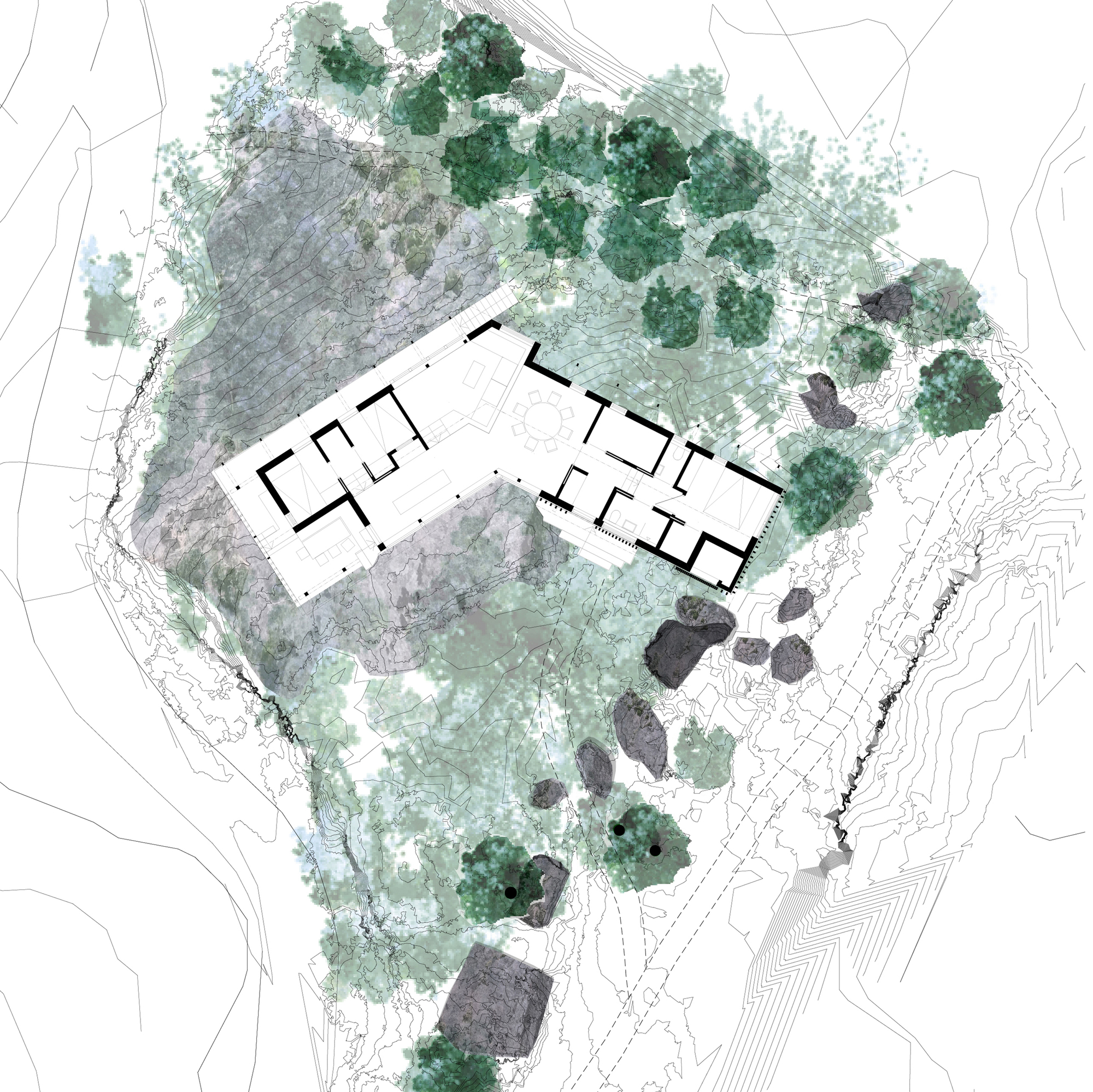 Site plan drawing showing the bent house footprint among rock outcrops, tree canopies and contour lines on a wooded slope