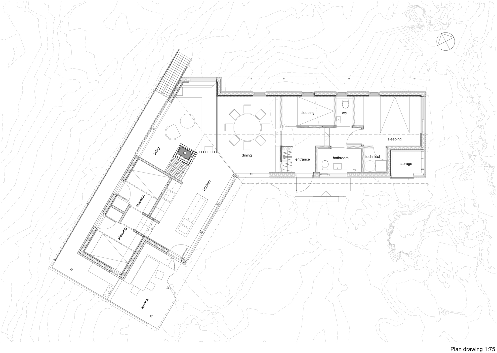 Floor plan drawing at 1:75 showing a bent layout with living, kitchen, dining, bedrooms, bathroom and terrace