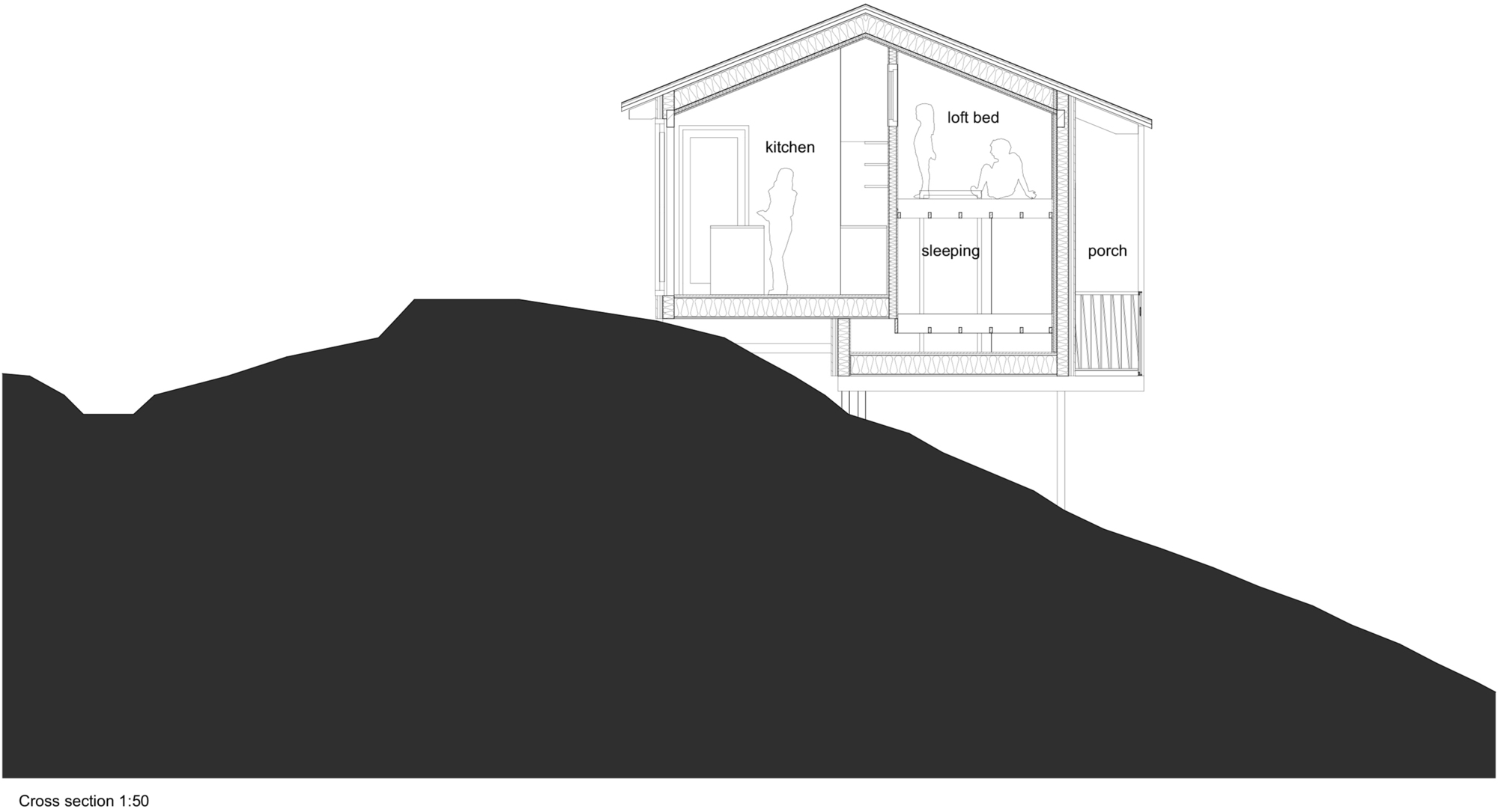 Cross section drawing at 1:50 showing kitchen, loft bed, sleeping area and porch perched on a steep rocky slope