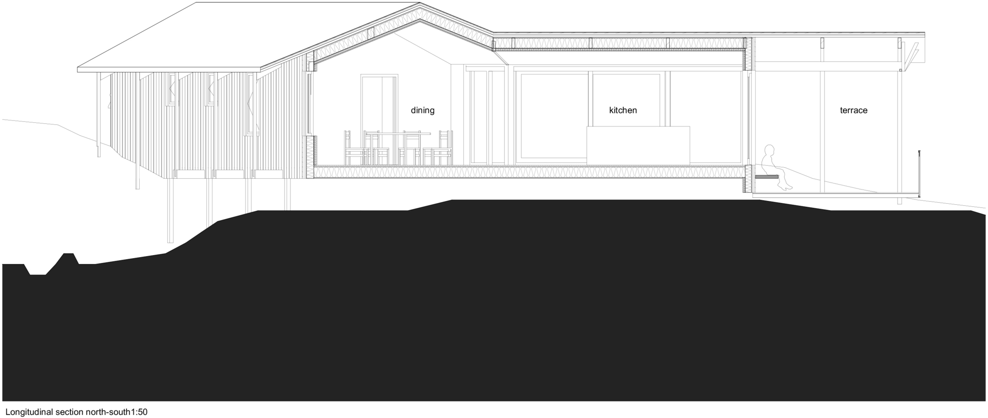 North-south longitudinal section drawing cutting through dining, kitchen and terrace spaces, with a seated figure on the terrace edge and a clad porch on piles