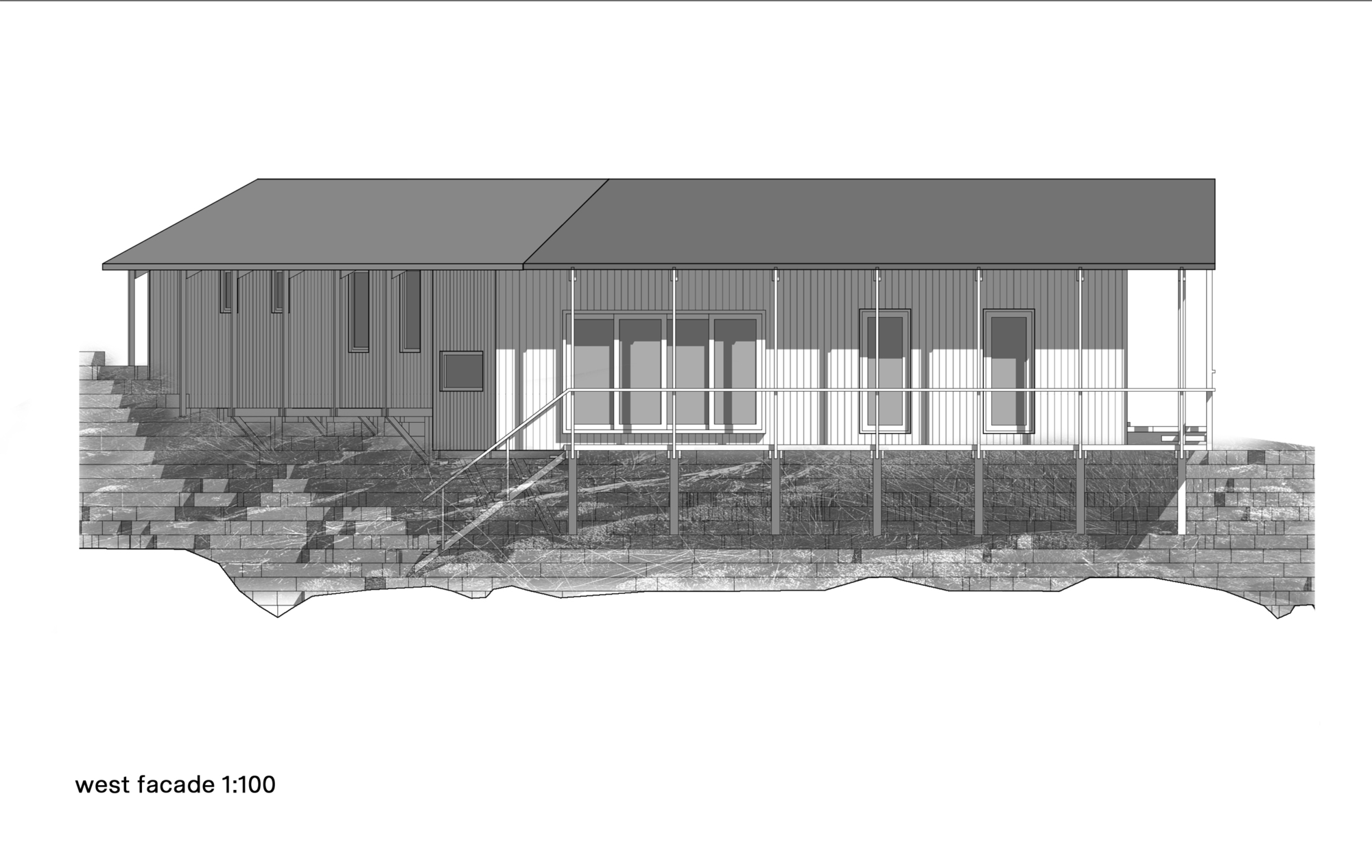 West elevation drawing of a long timber-clad volume raised on slender posts above a rocky, stepped terrain, with a railing along the deck