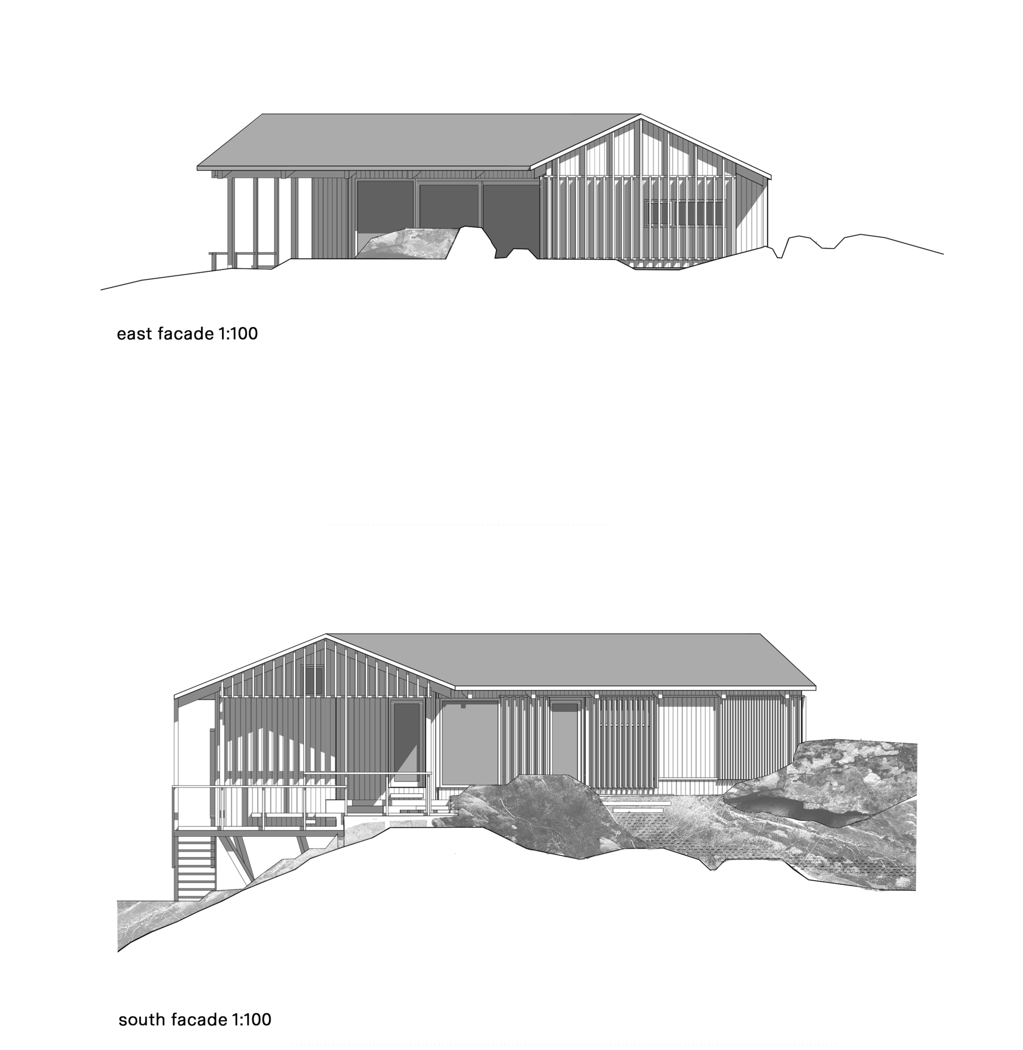 Paired elevation drawings of the east and south facades, showing gabled roofs, vertical timber slats and rock outcrops at the base