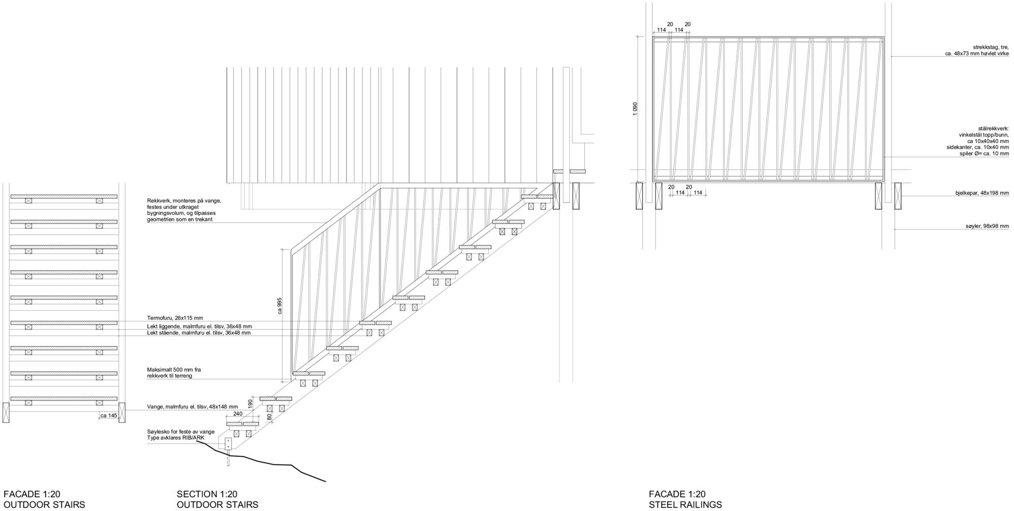 Detail drawings at 1:20 of the outdoor stair in elevation and section beside a steel railing with slanted vertical bars