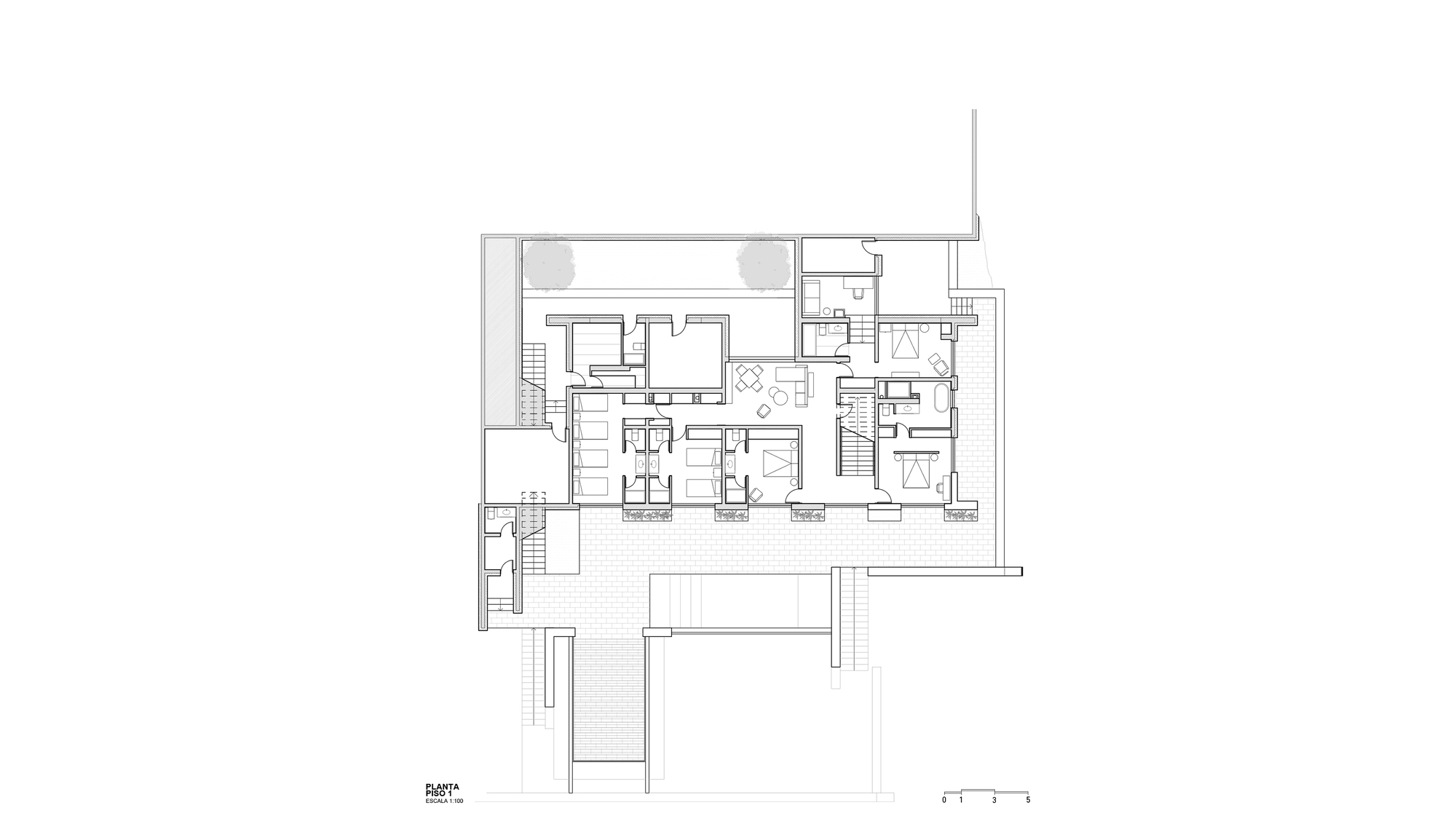 Upper floor plan drawing showing bedrooms, bathrooms and a central living area arranged along a front terrace, with a scale bar
