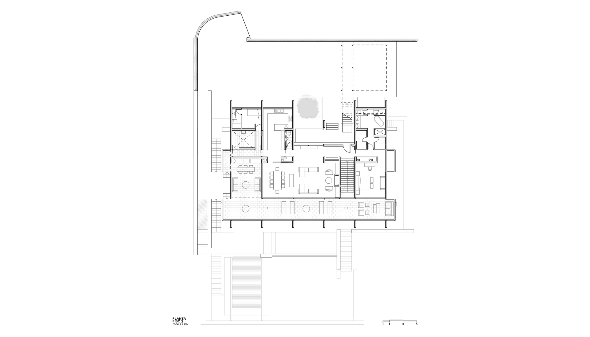 Lower floor plan drawing showing living and dining rooms, bedrooms, a long front terrace and stairs descending the slope, with a scale bar