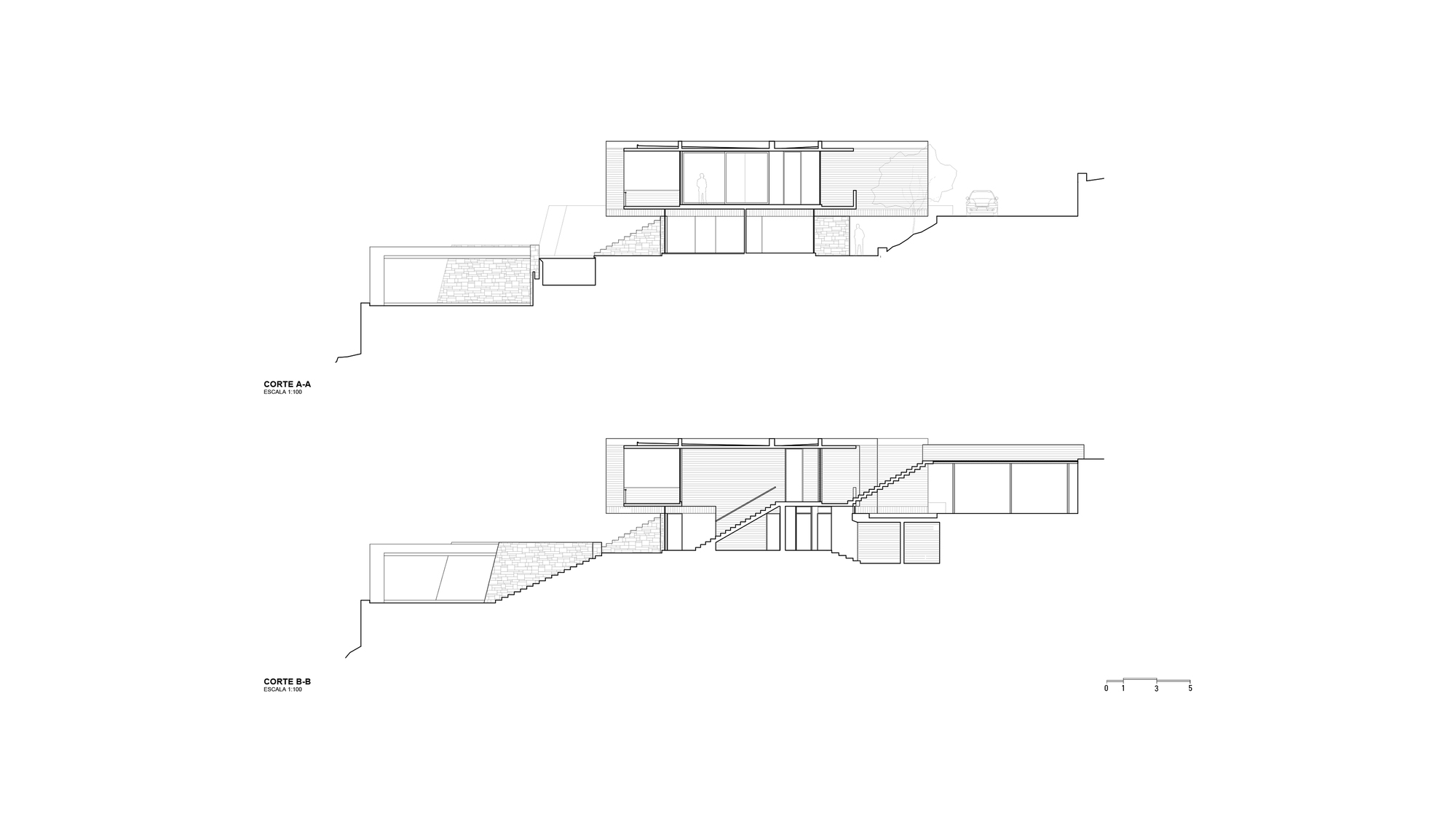 Two section drawings, A-A and B-B, showing the house stepping down a steep slope with stairs and a pool volume below