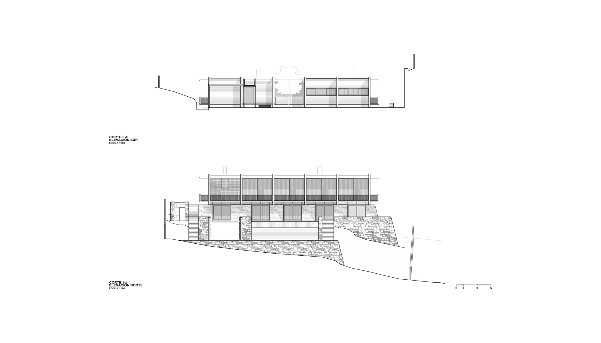 Section and elevation drawings of a long, low house with a glazed upper floor, stone base walls and a steeply sloping hillside site
