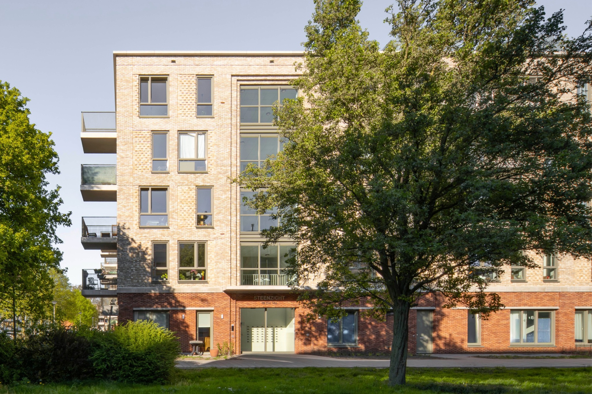 Street facade of a five-storey light brick apartment block with a red brick base, framed by a large tree in evening light