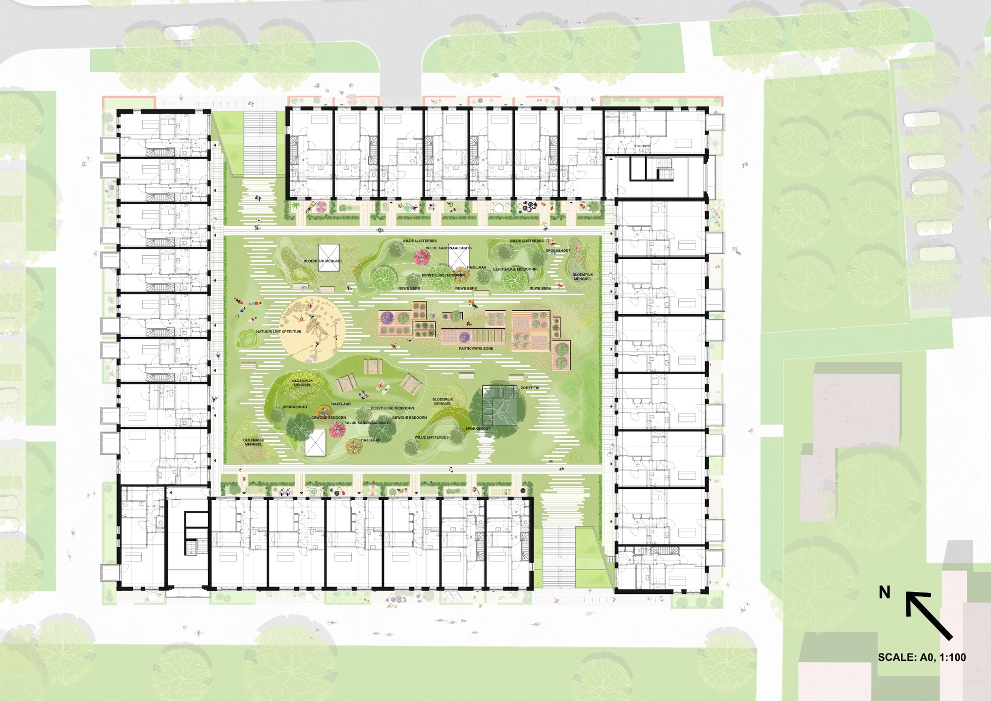 Site plan drawing showing a rectangular perimeter block of apartments around a planted central courtyard with play areas and garden plots