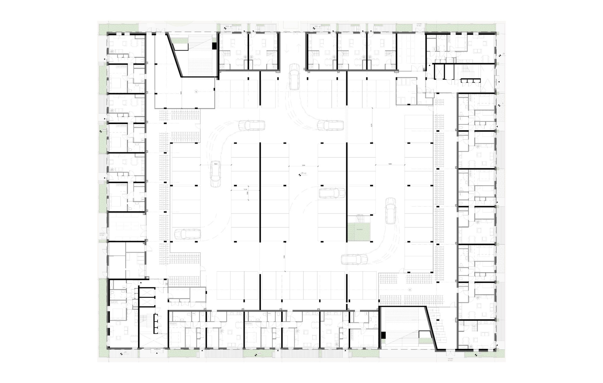 Floor plan drawing of the ground level with a central parking hall, car bays and apartments lining the outer edges