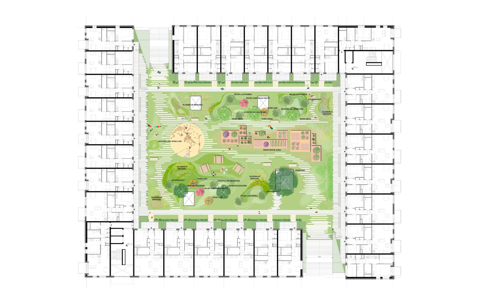 Floor plan drawing of the courtyard level with apartment wings framing a green landscape of lawns, paths, play zones and garden beds