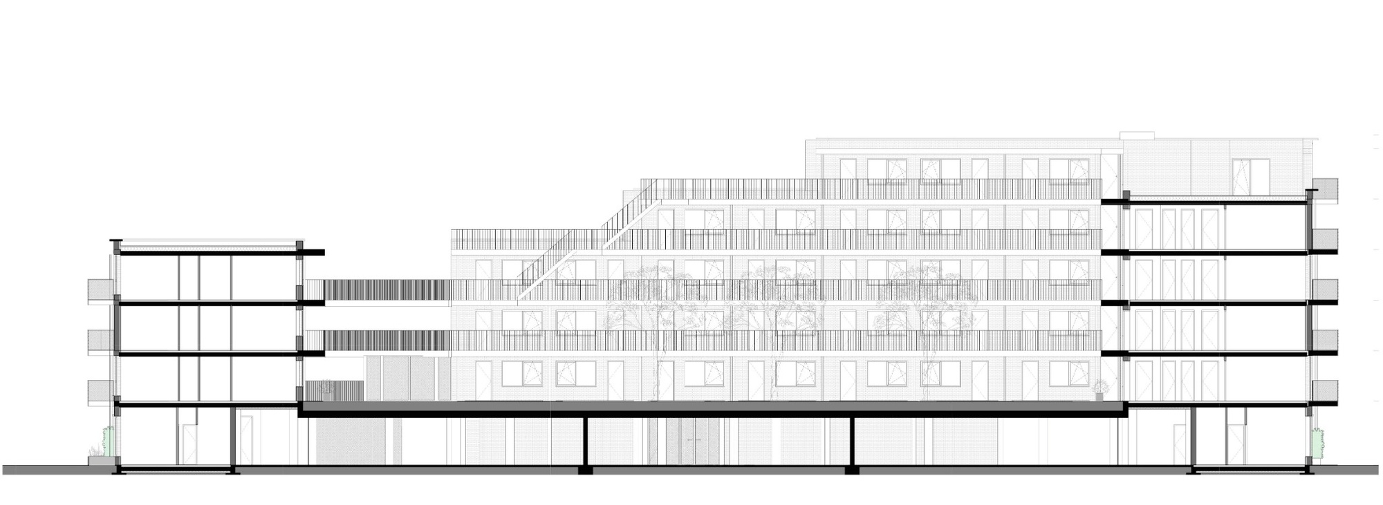 Section drawing through the stepped block showing apartment floors, terraces and a lower level of parking beneath the courtyard