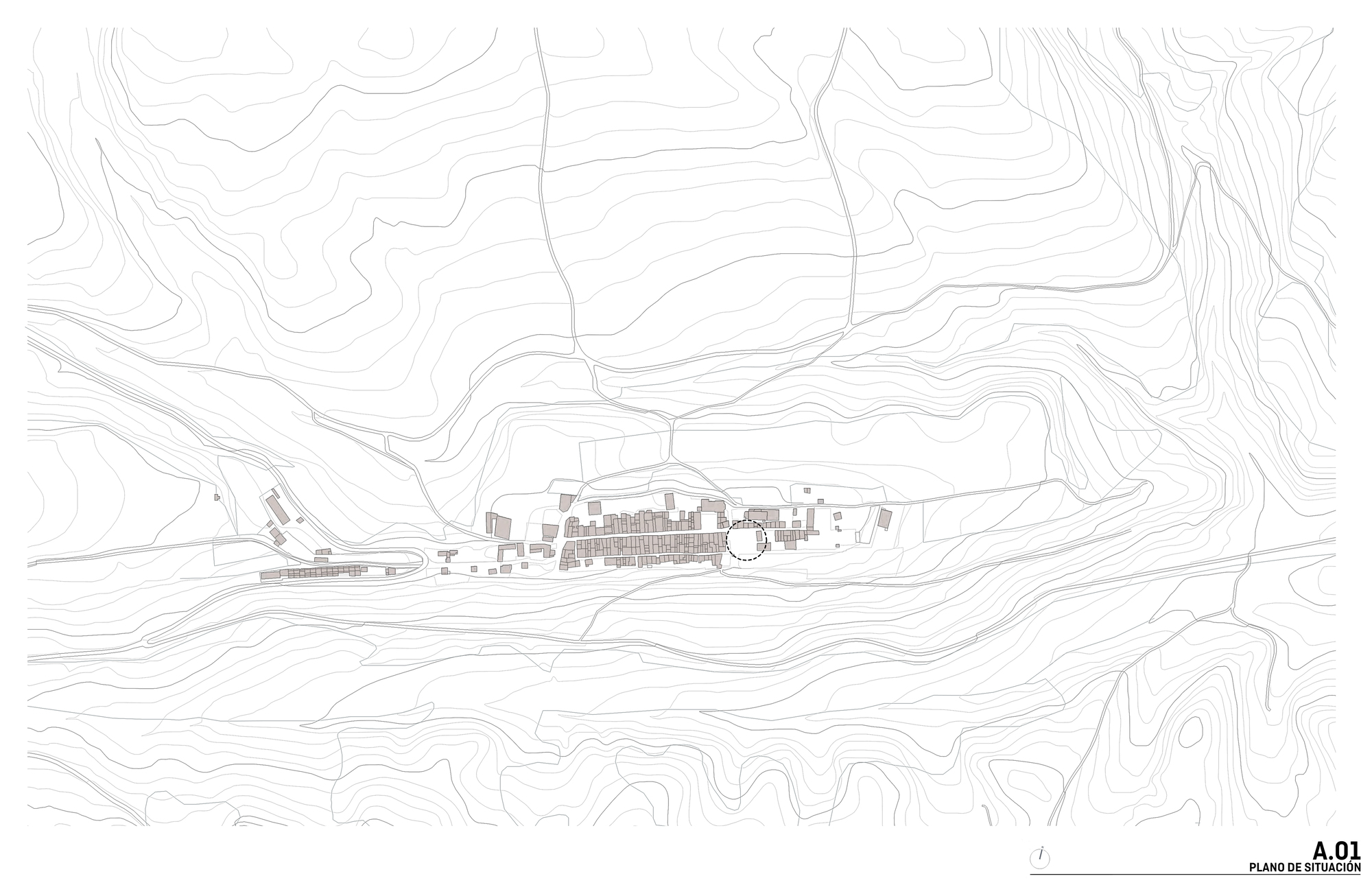 Site plan drawing showing a small village cluster along a valley road, with a dashed circle marking the project site among contour lines