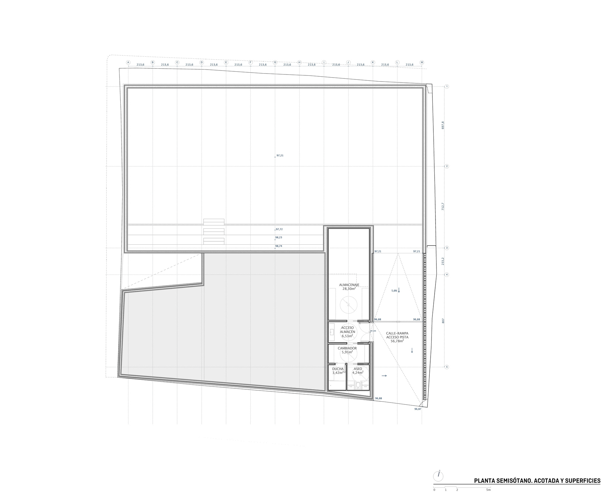 Semi-basement floor plan drawing showing a large court void, a storage room, changing room, toilets and an access ramp