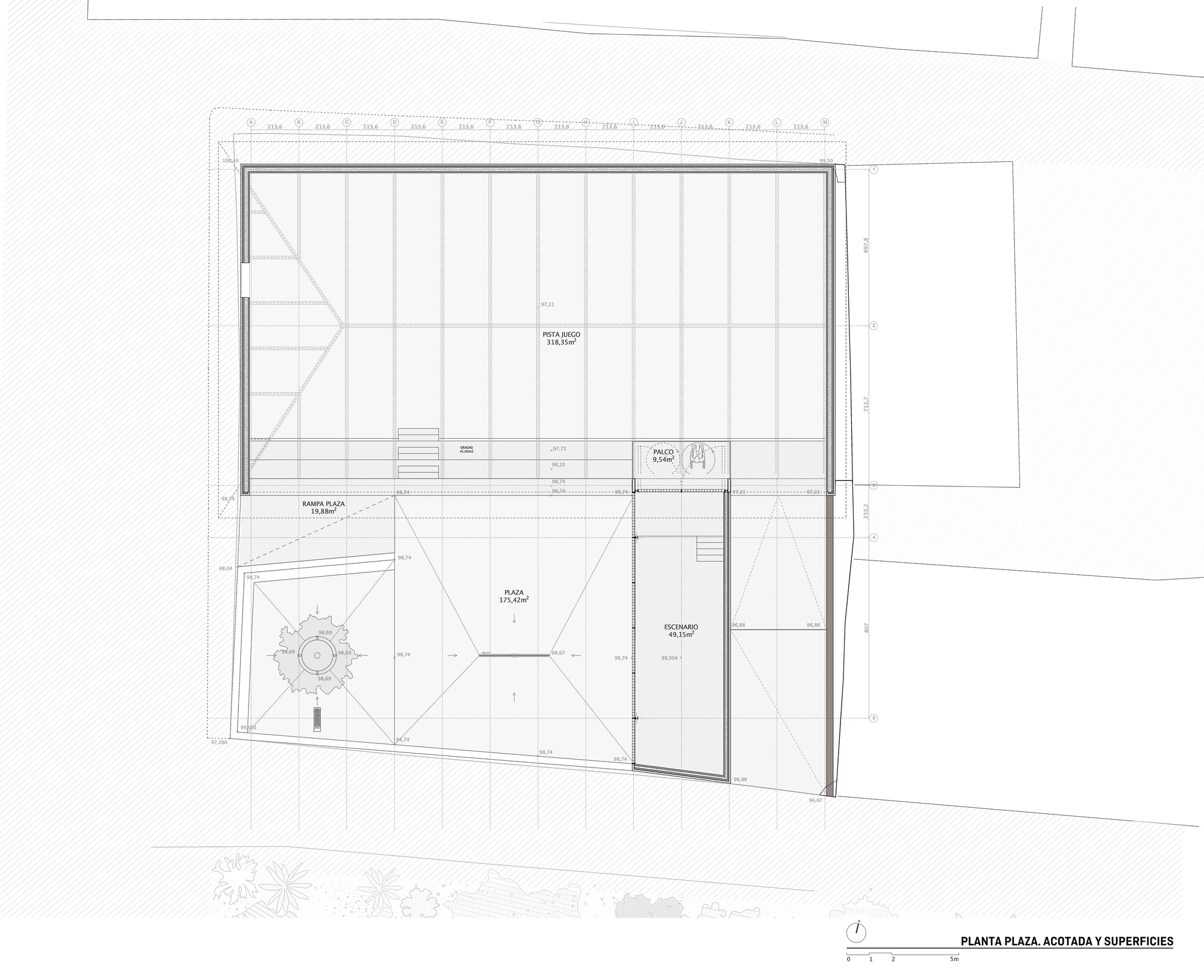 Plaza level floor plan drawing showing the covered play court, a stage, a ramp and an open plaza with a tree