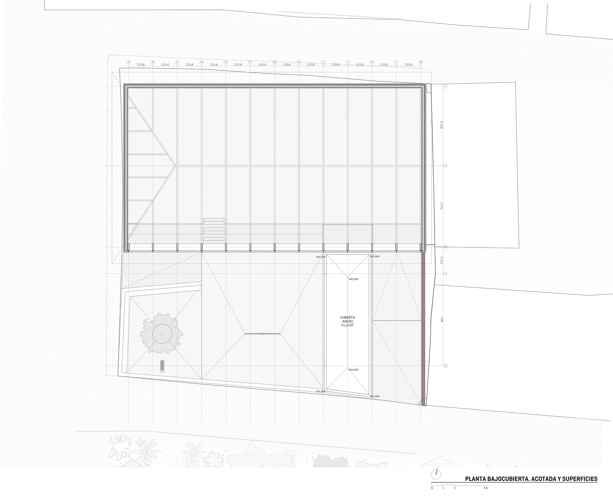 Under-roof floor plan drawing showing the structural grid of the court roof and the canopy over the stage and plaza
