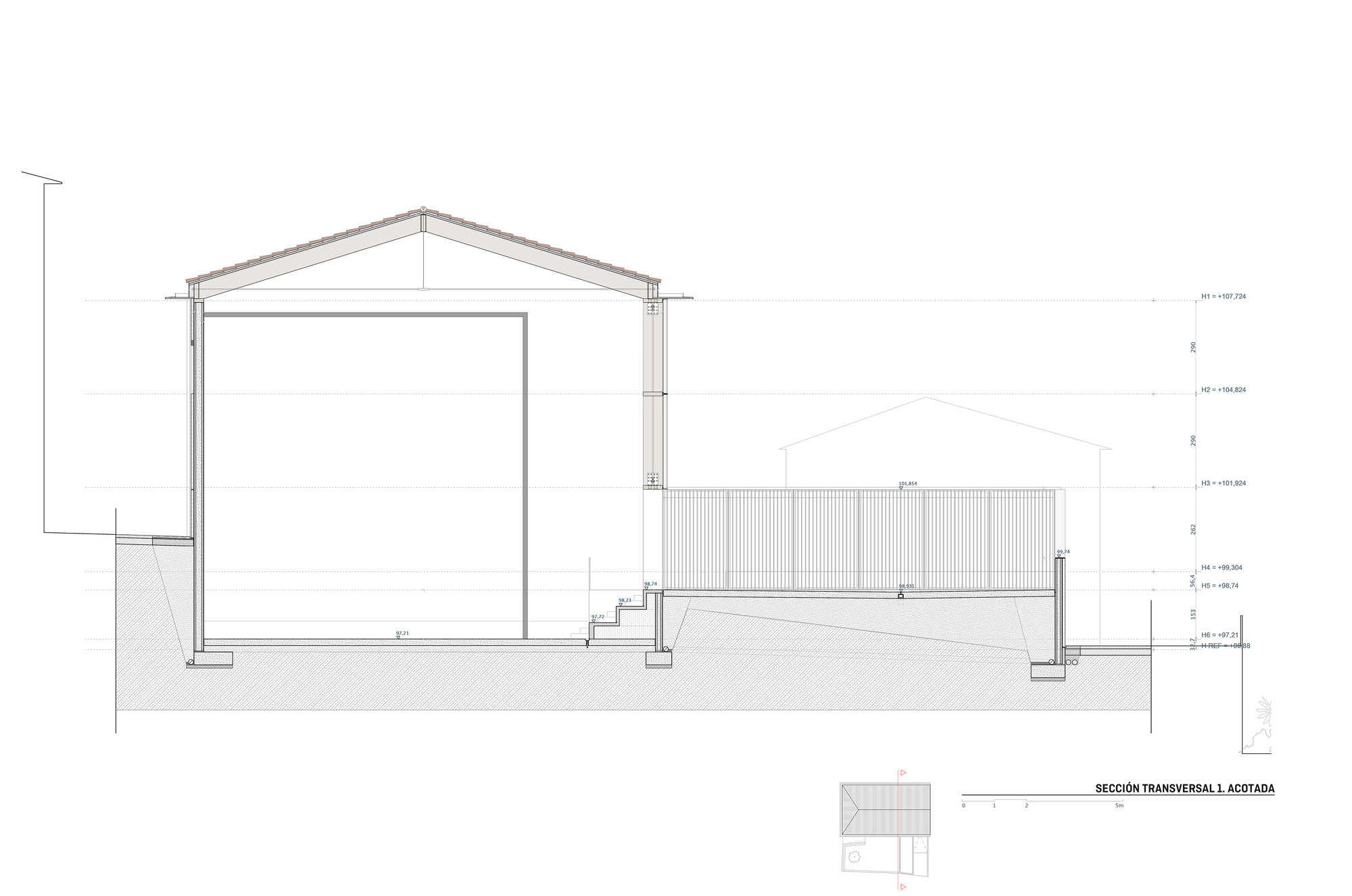 Cross section drawing showing a gabled hall beside a slatted screen wall, stepped levels and elevation markers on the right