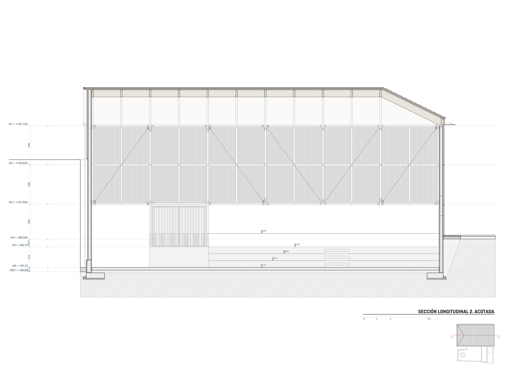Longitudinal section drawing showing the pitched roof, braced translucent wall panels, bleacher steps and level markers along the left side