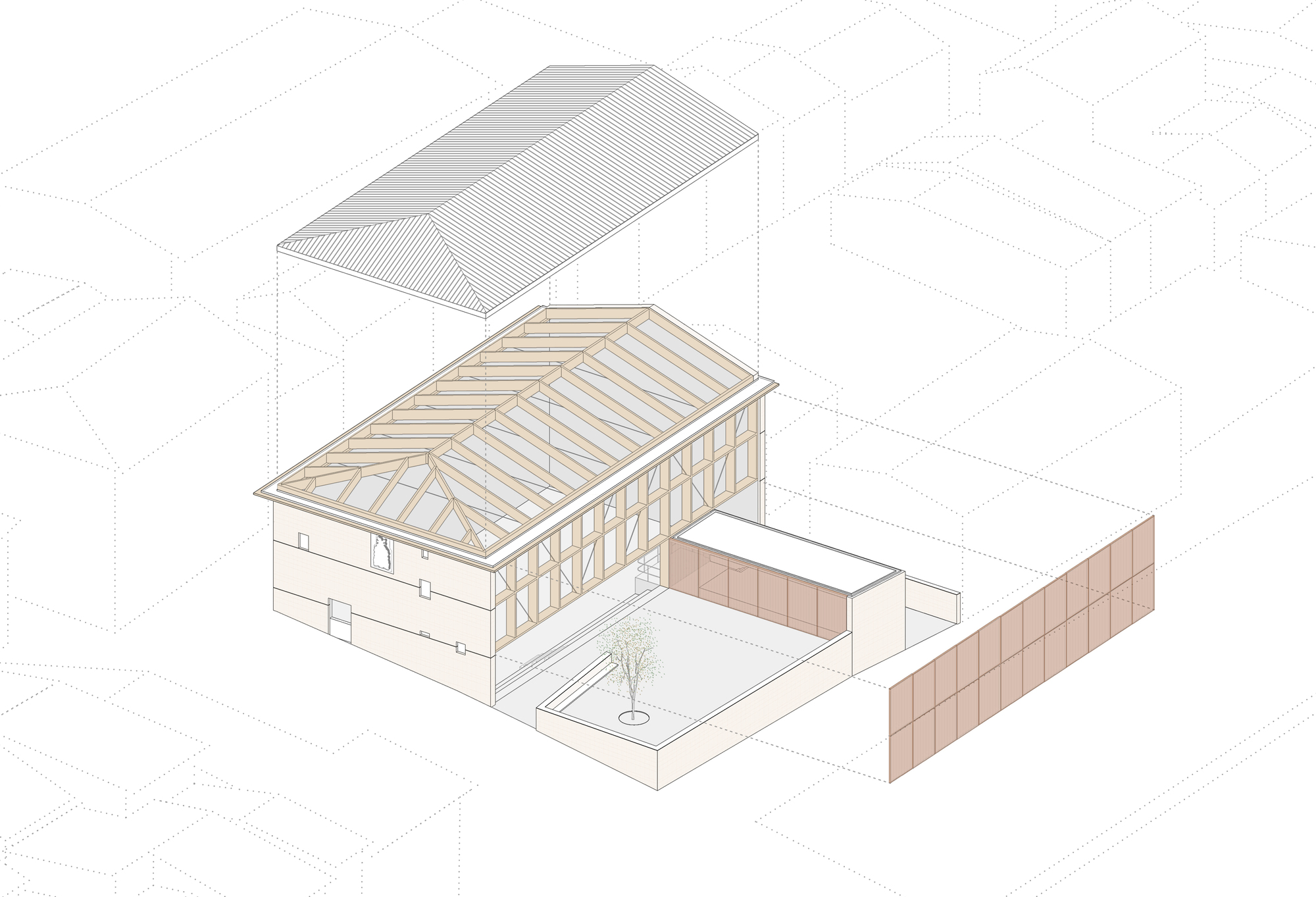Exploded axonometric drawing showing the lifted hipped roof, timber-framed building volume, walled courtyard with a single tree and a separate panelled screen w