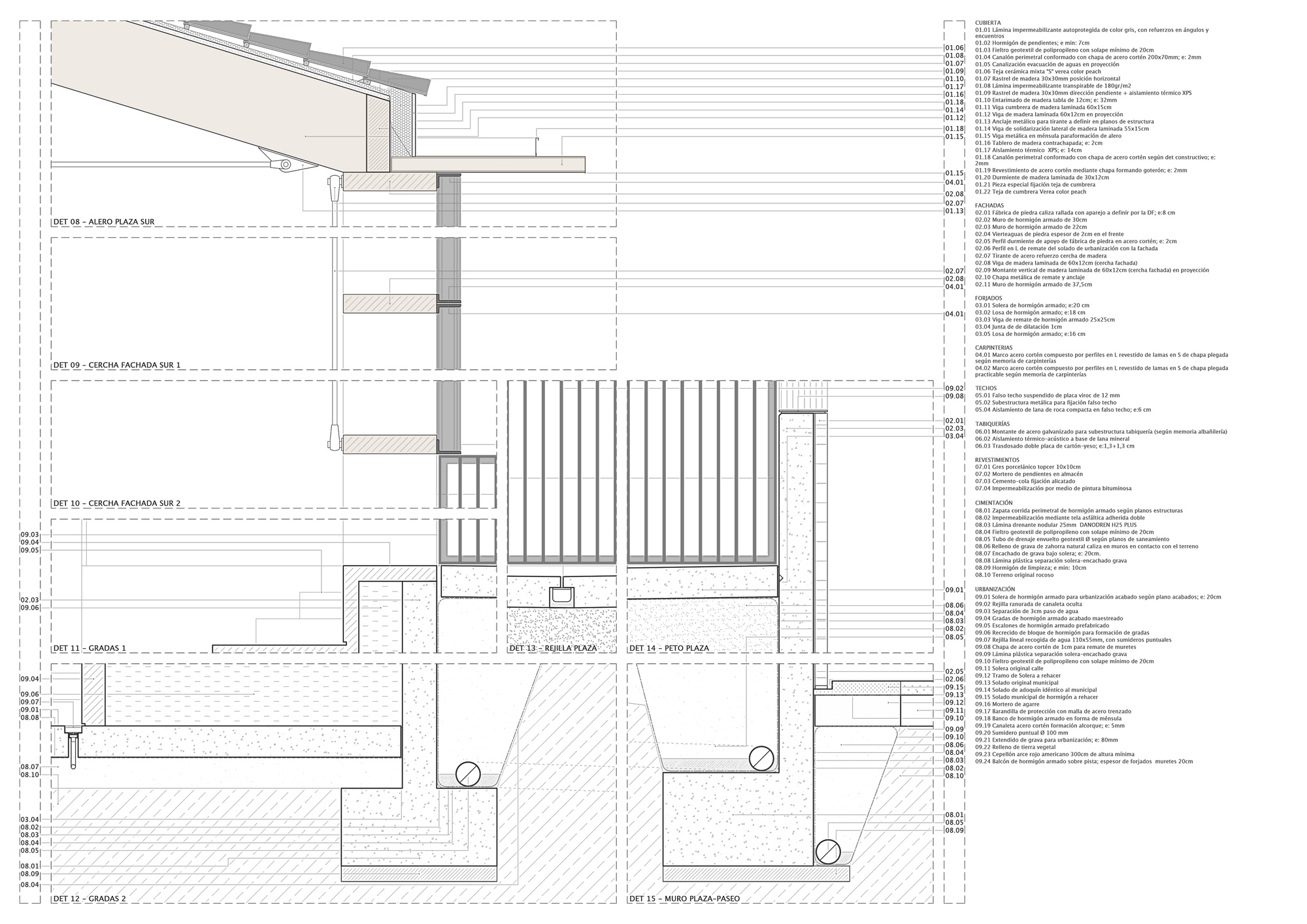 Construction detail sheet with section drawings of roof eaves, facade edges, steps and plaza wall, keyed to a numbered materials legend