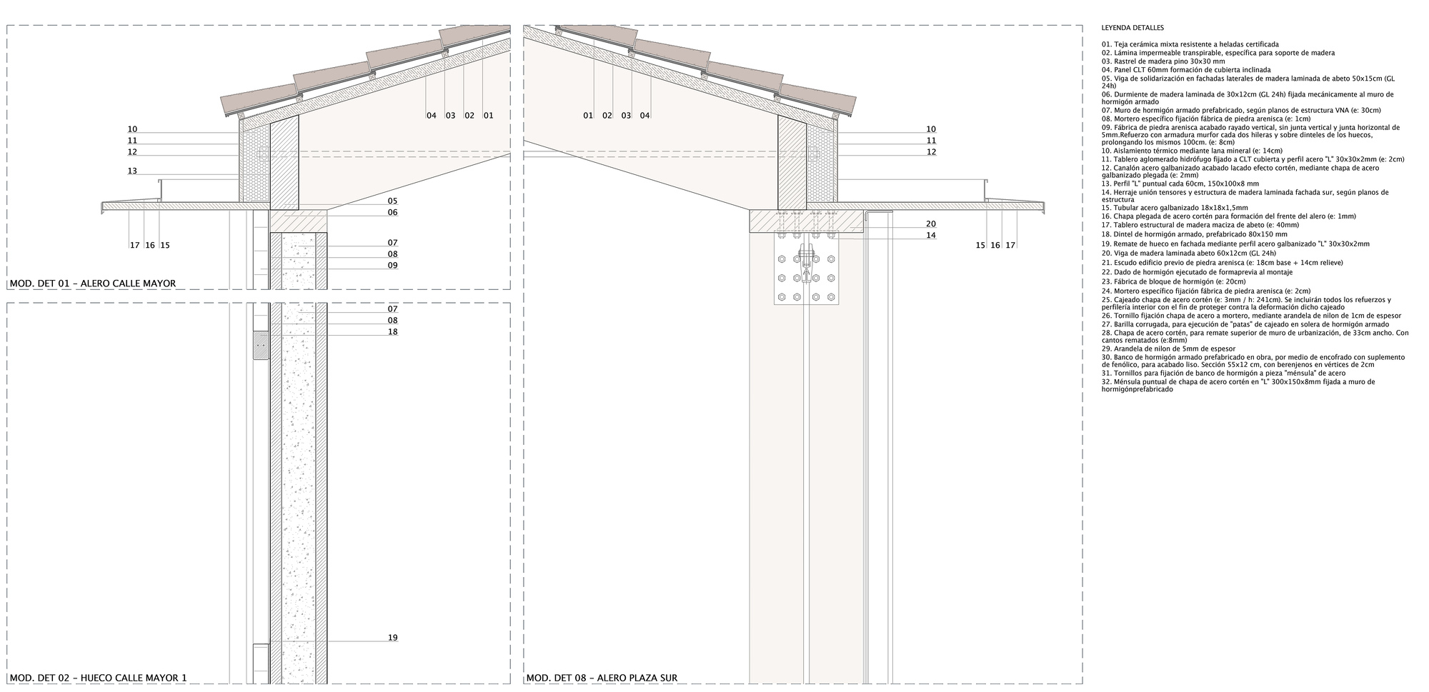 Section detail drawings of roof eaves and wall build-ups with tiled pitched roofs, keyed to a numbered legend at right