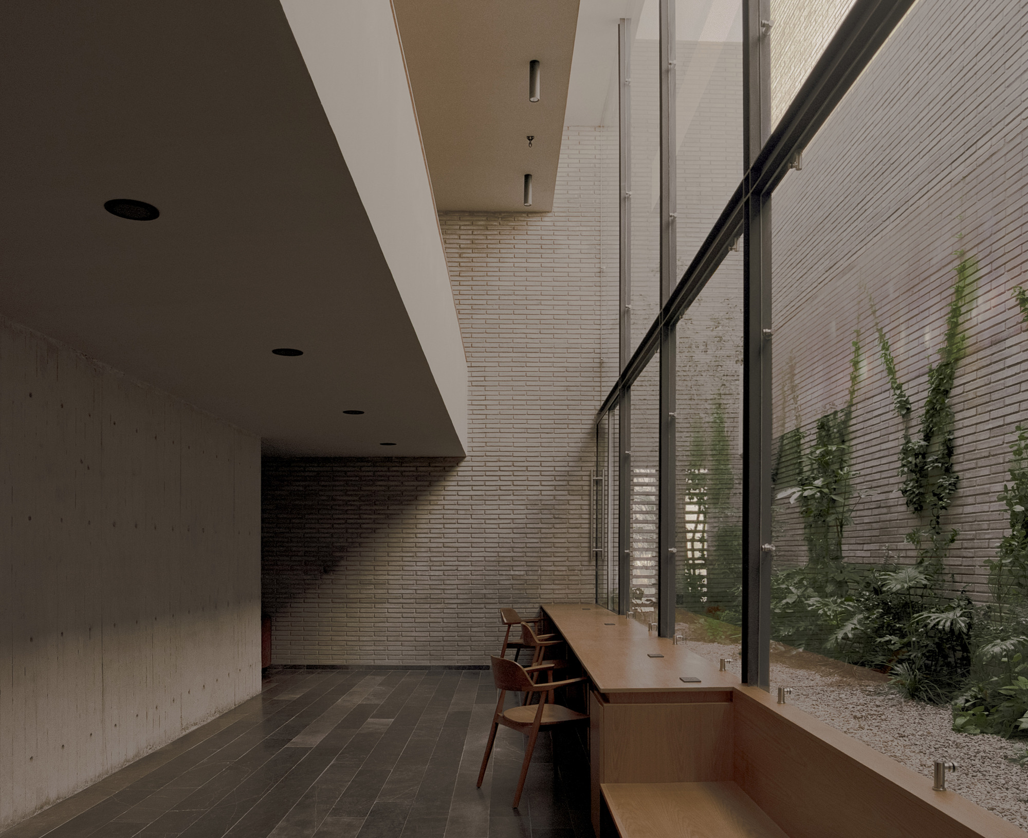 Double-height window wall with a built-in timber desk and chairs facing a gravel courtyard of ferns and climbing vines