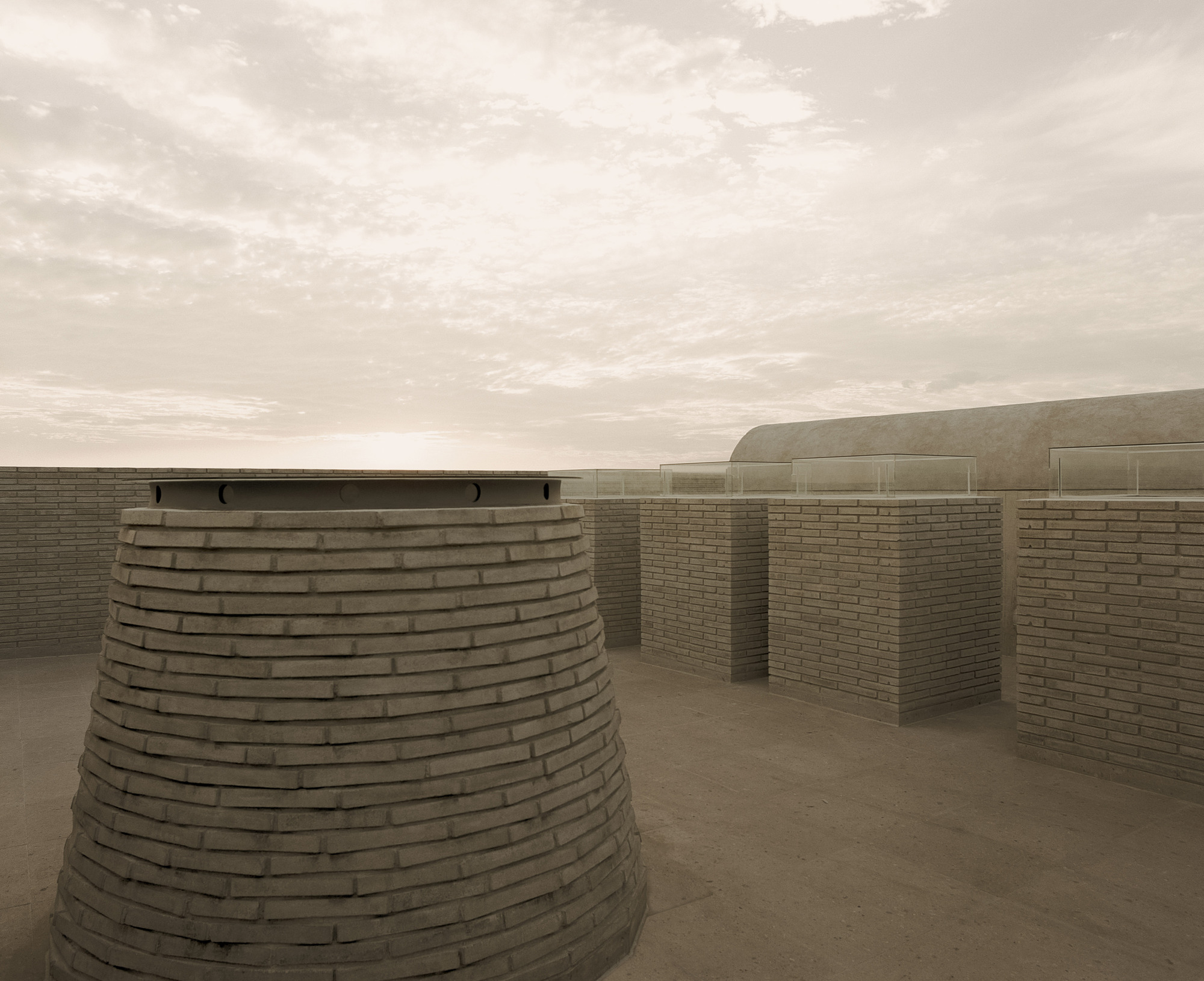 Rooftop view of a tapered brick chimney beside square brick plinths with glass caps, under a hazy cloudy sky