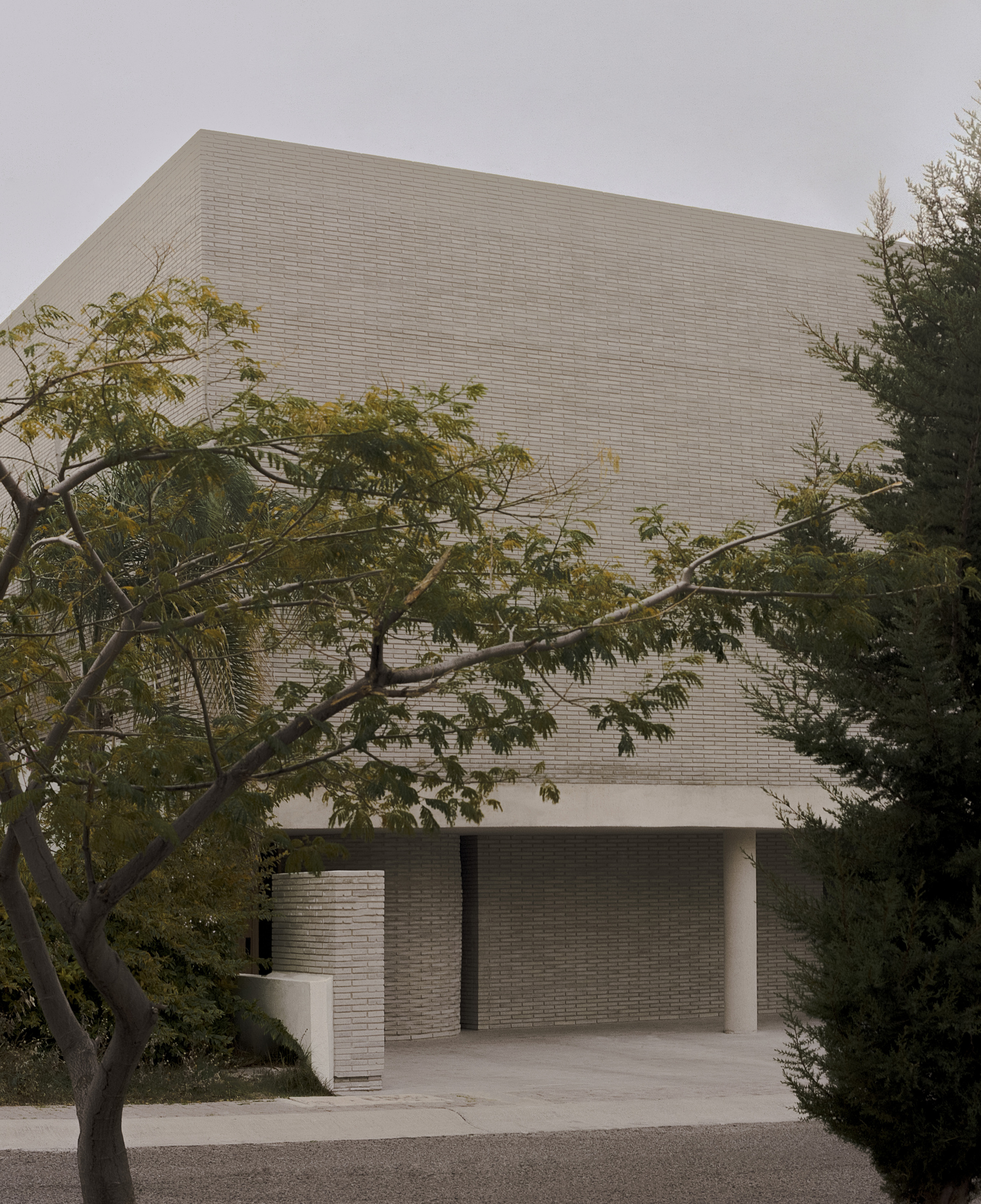Pale brick box volume raised over a recessed carport with a slim round column, seen through tree branches on an overcast day