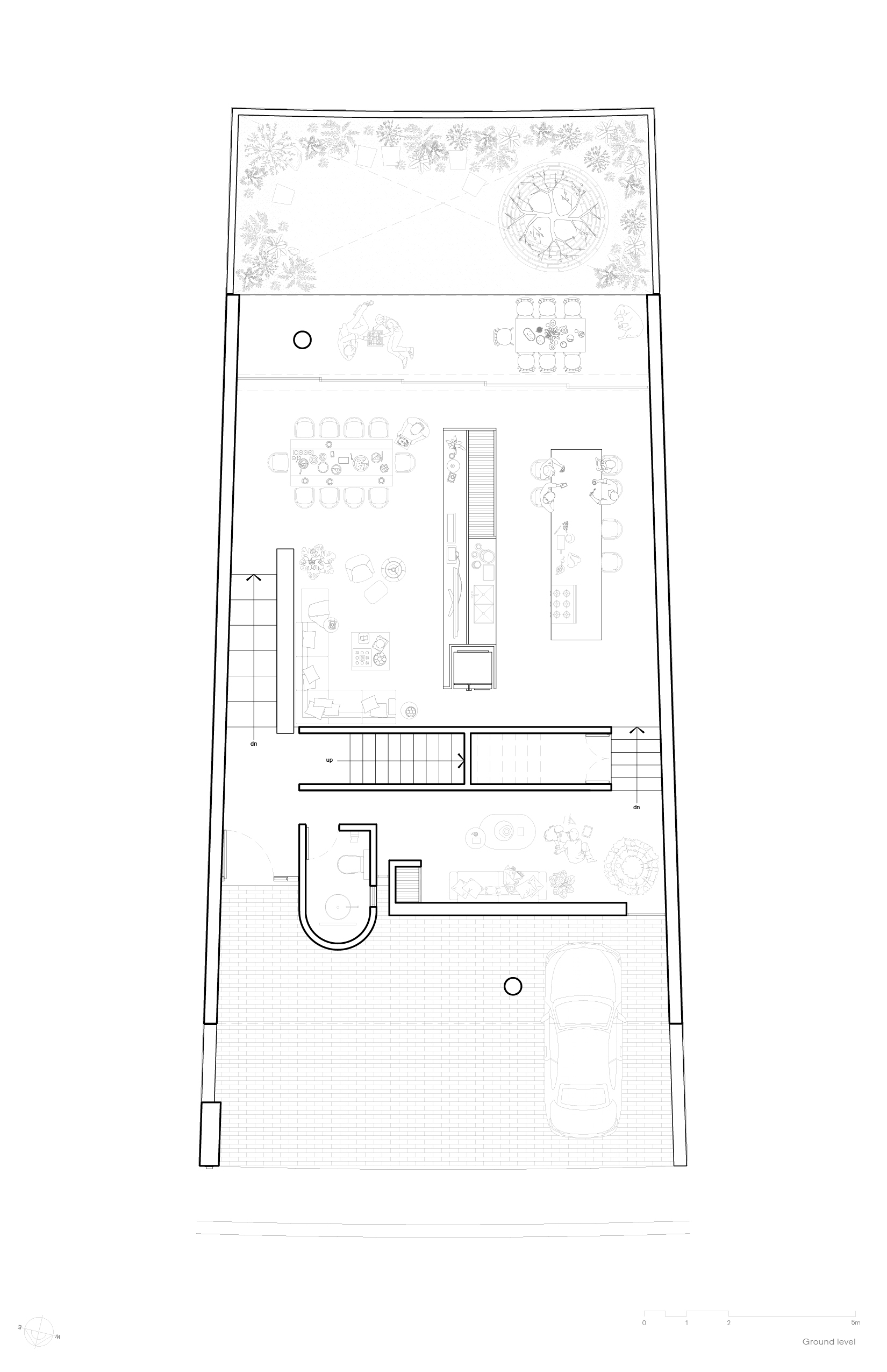 Ground level floor plan drawing showing a car court, stairs, kitchen islands, dining area and planted garden at the rear