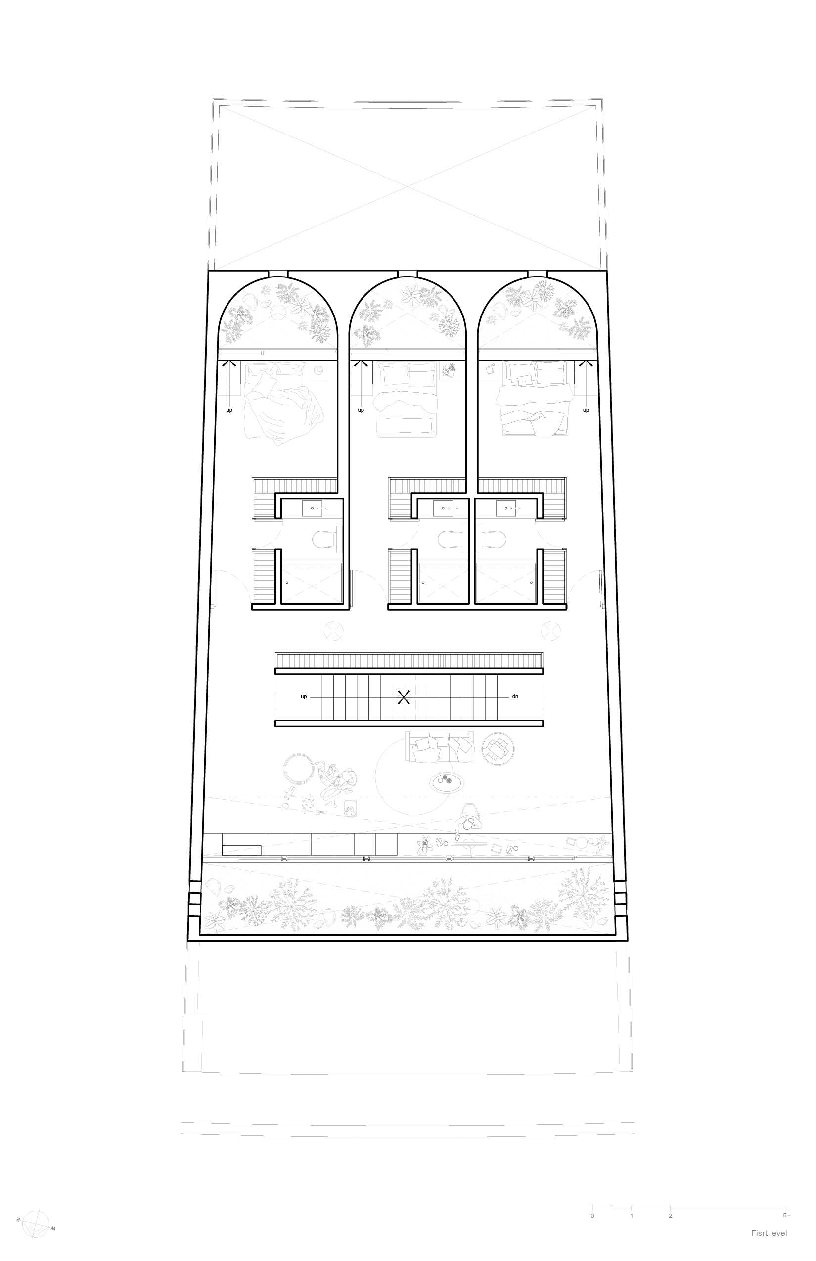 Upper floor plan drawing showing three arched bedroom bays with bathrooms, a central stair and a planted terrace at the front