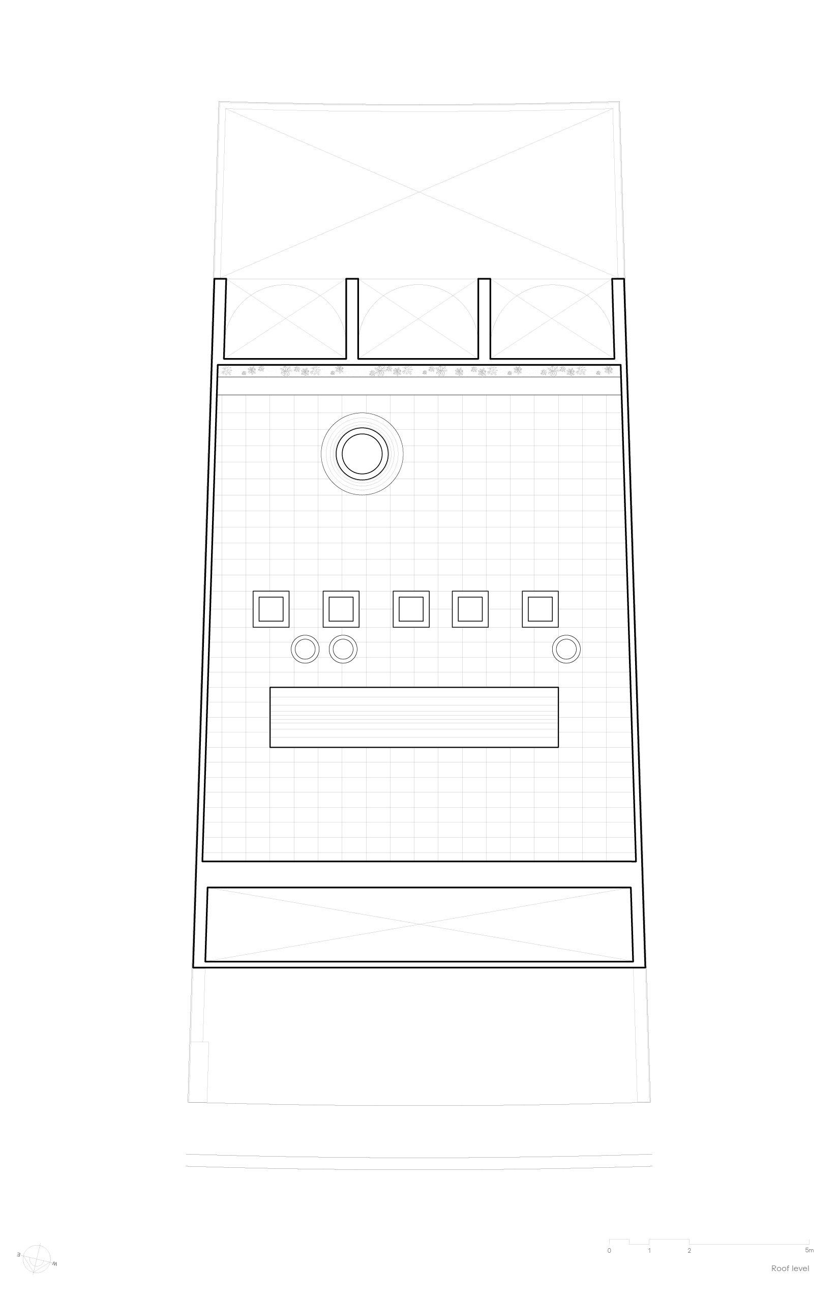 Roof level plan drawing showing a gridded terrace with five square skylights, a round opening and a rectangular pool