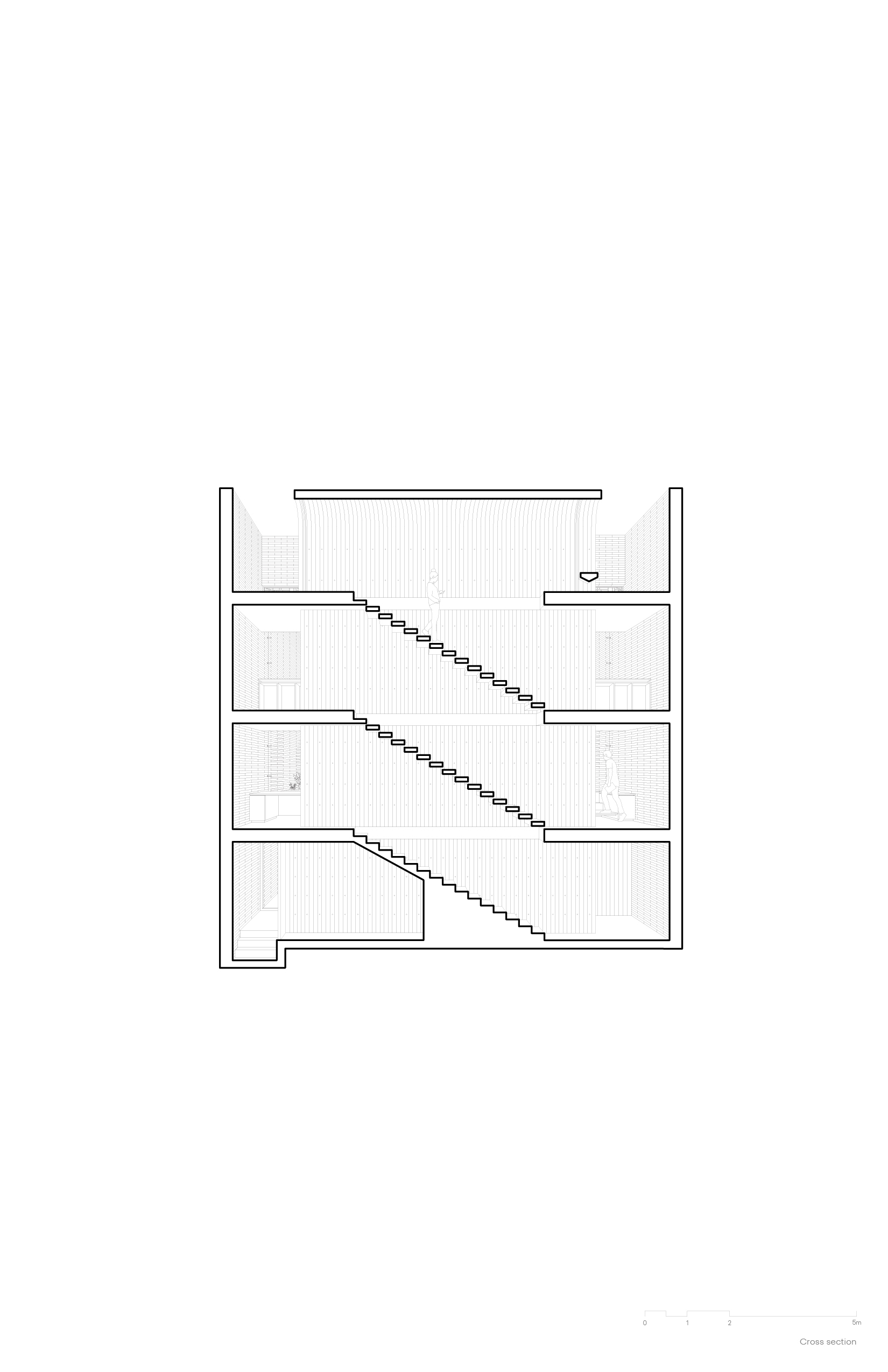 Cross section drawing of a four-storey volume with two long diagonal stair flights rising through a central void, with small figures on the landings