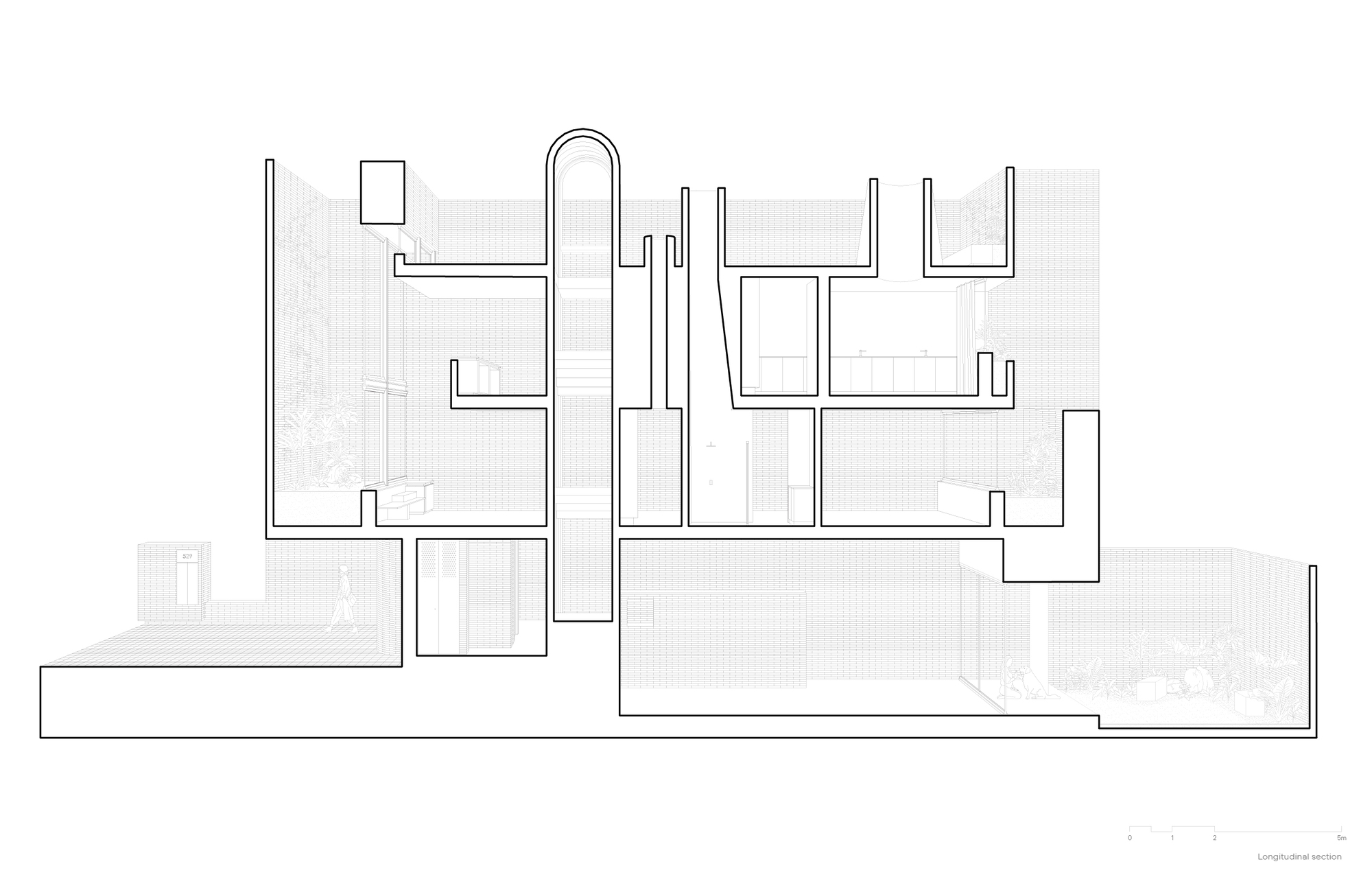 Longitudinal section drawing showing stacked rooms, an arched stair shaft, planted courtyards and a walking figure on the lower terrace