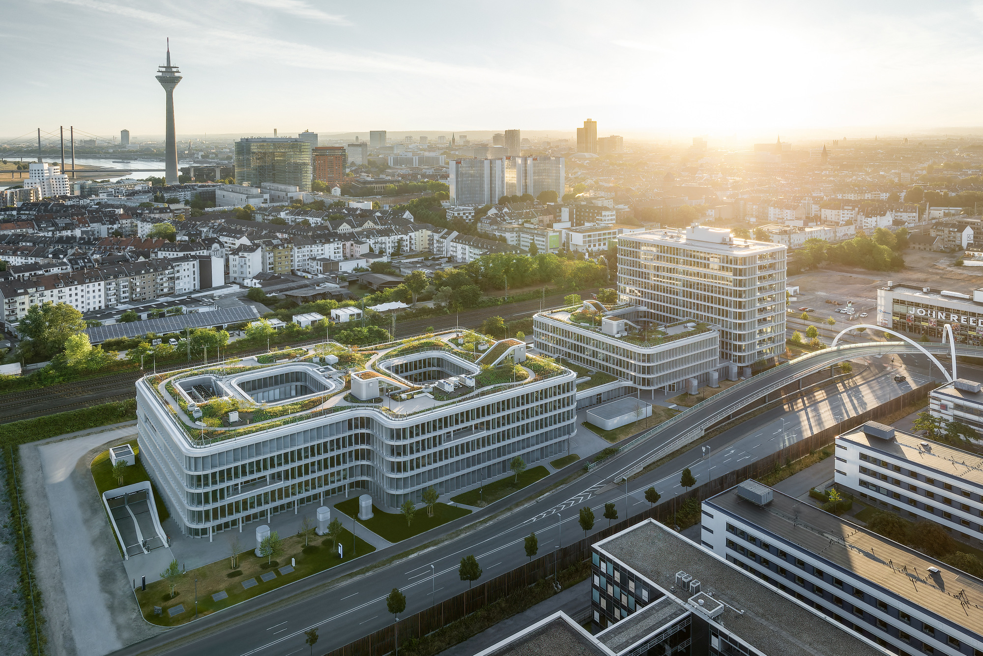 Aerial view of the low curved office block with its planted green roof and courtyards in warm low sunlight
