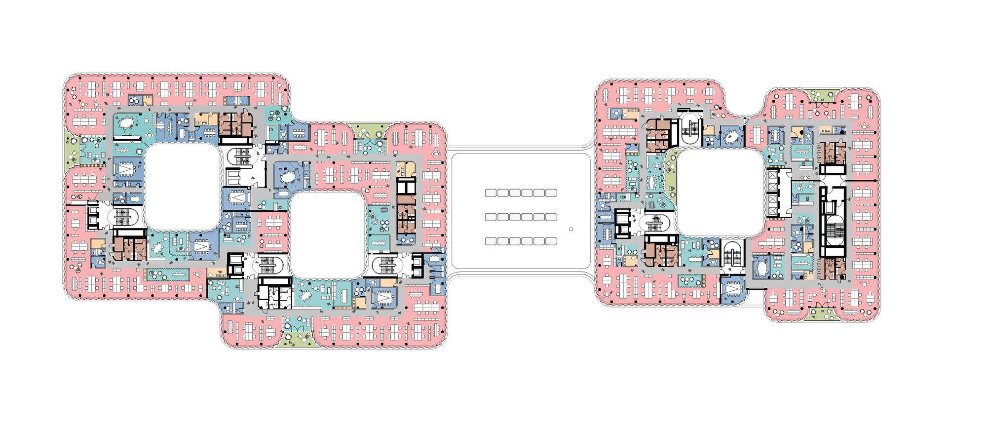 Upper floor plan drawing in pink and teal showing office rings around square voids, linked by a central bridge deck