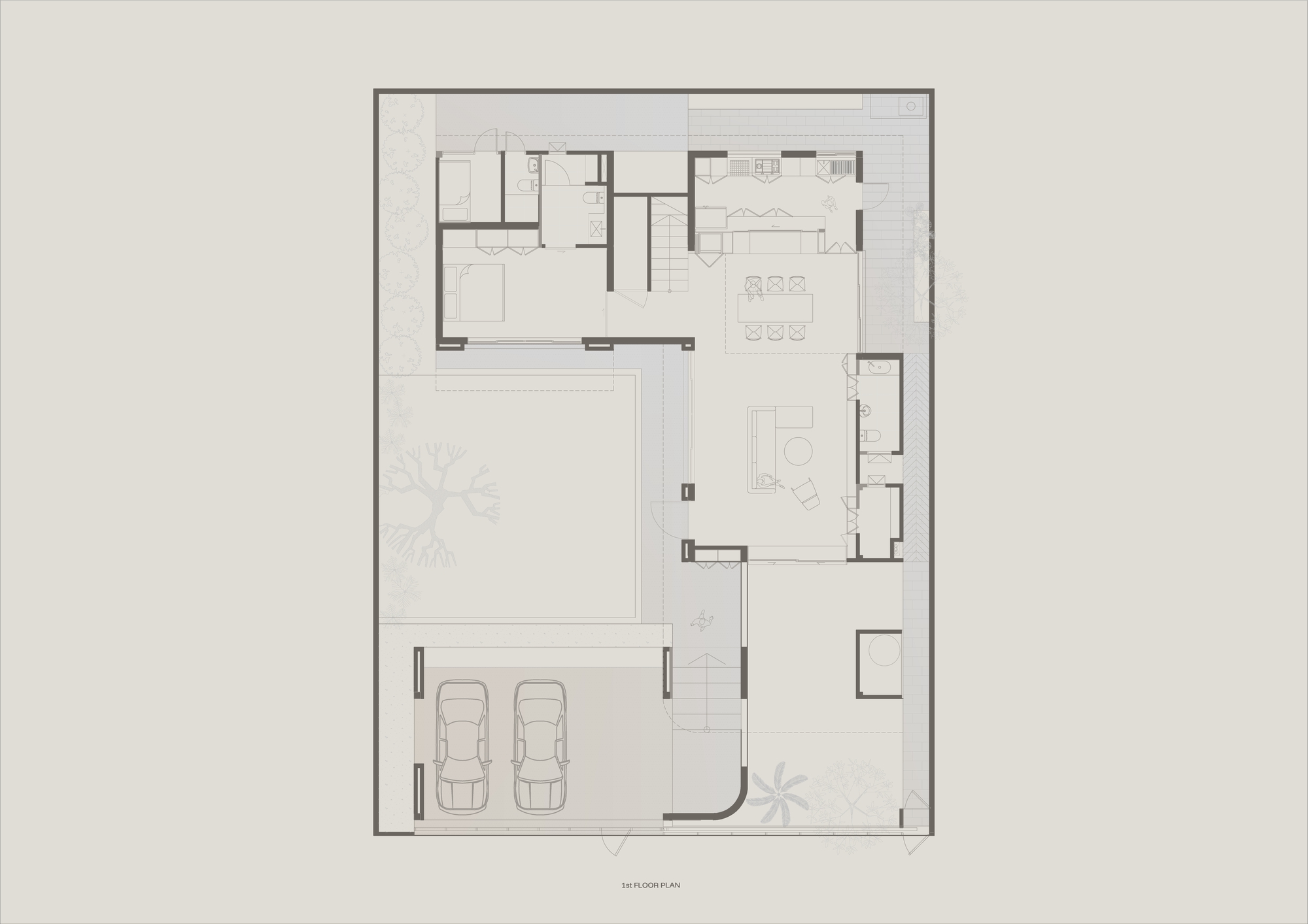 Ground floor plan drawing showing living and dining areas, bedroom suite, courtyard lawn and a two-car carport