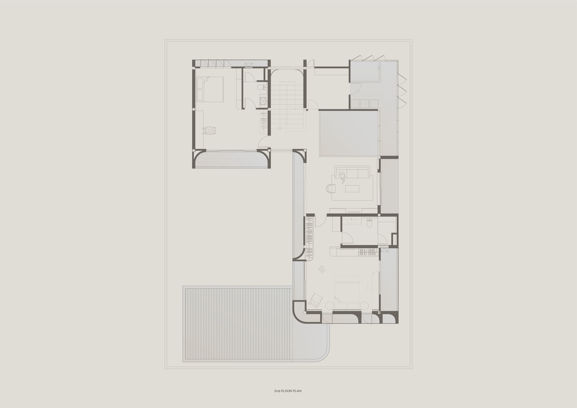 Second floor plan drawing showing bedrooms, a central lounge, a stair void and a slatted roof terrace with curved wall corners