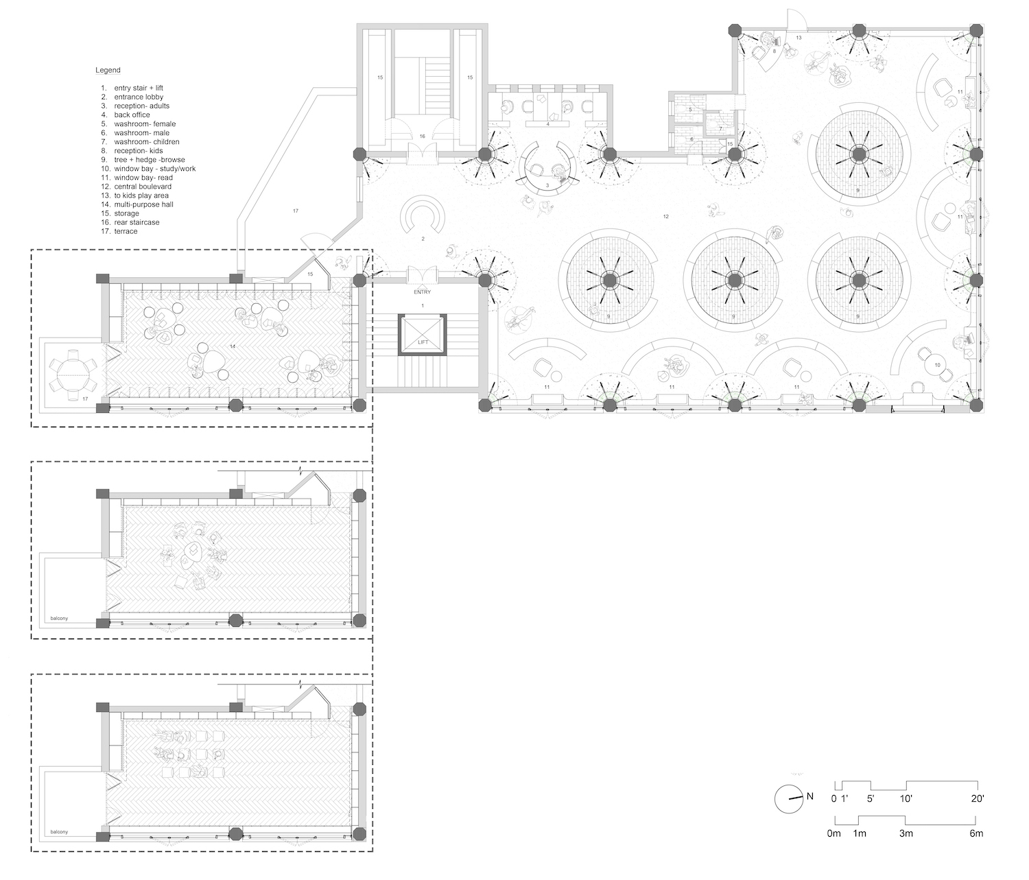 Floor plan drawing with a legend, showing circular reading pods, a central boulevard, stair cores and three stacked rooms in dashed outlines