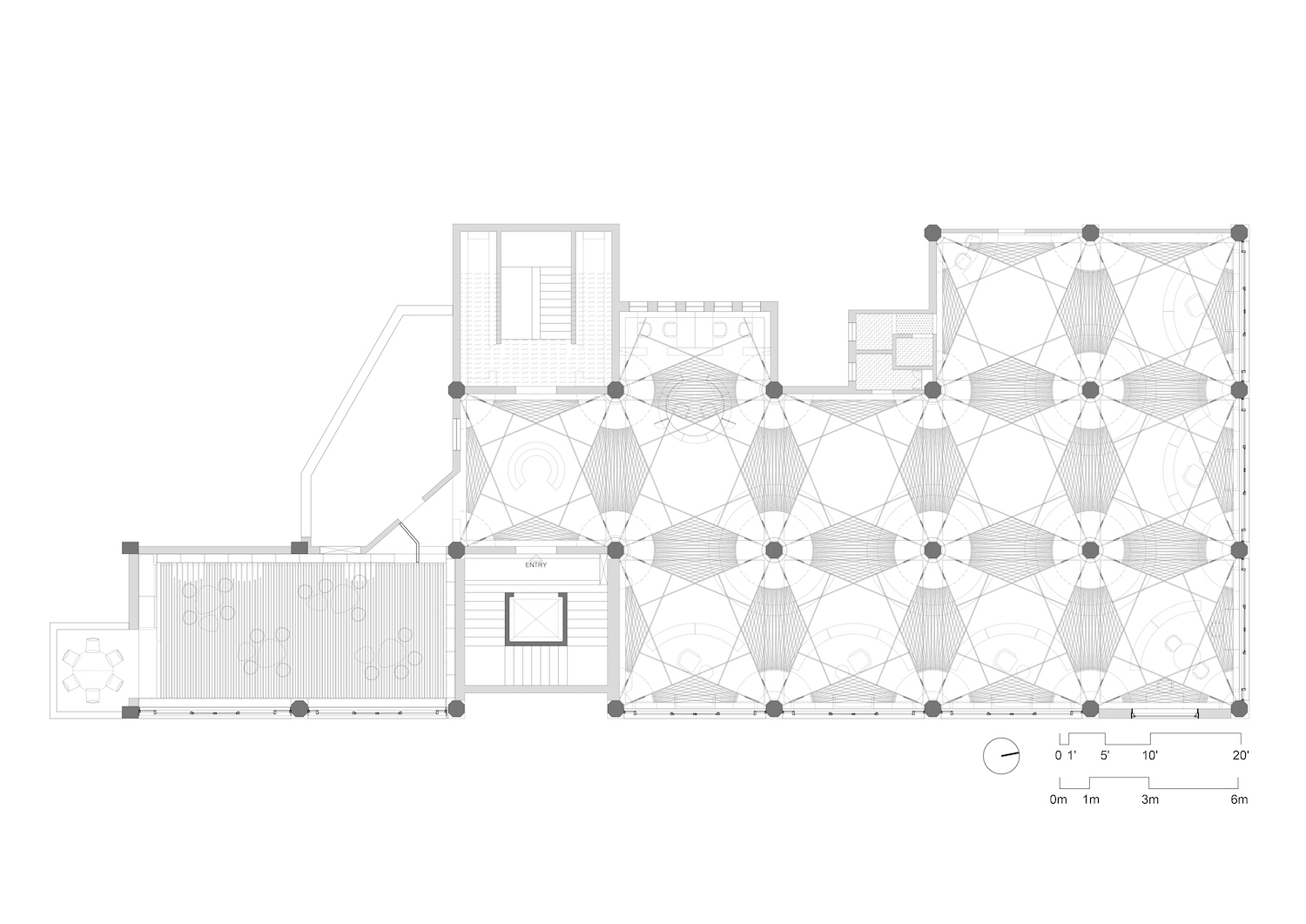 Reflected ceiling plan drawing showing a star-shaped grid of radiating timber ribs over the columns and the adjoining multi-purpose hall