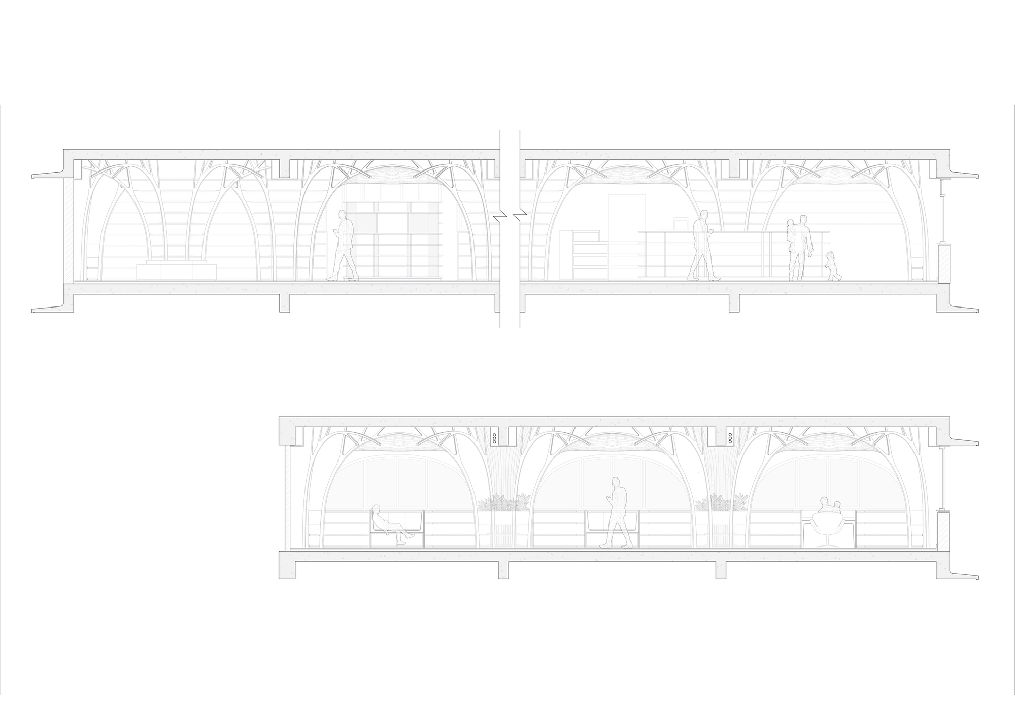 Section drawings showing arched timber ribs over shelving, reading bays and standing figures, with a child and adults for scale