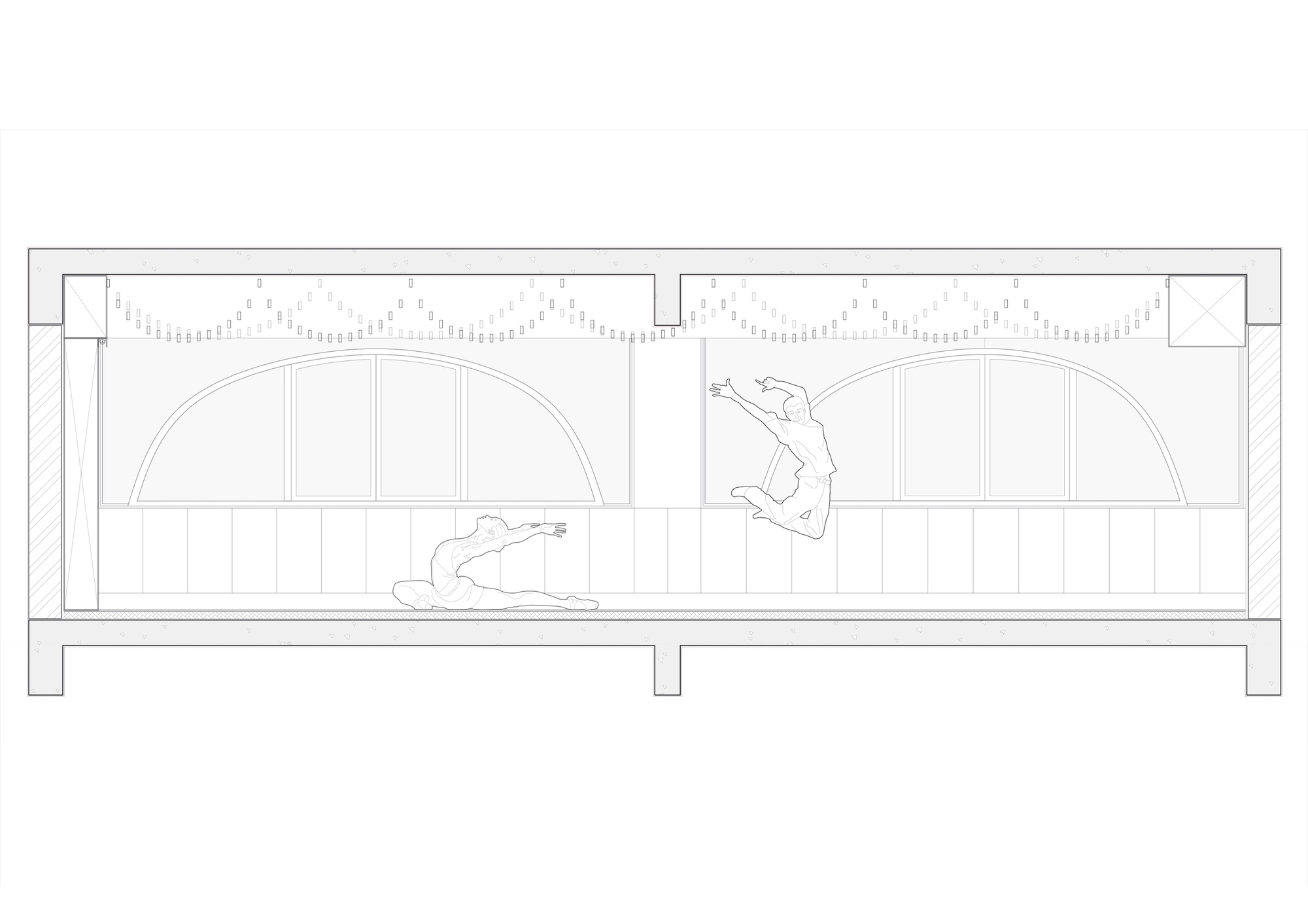 Section drawing of a dance studio with two arched windows, a patterned ceiling band and two dancers mid-leap and mid-stretch