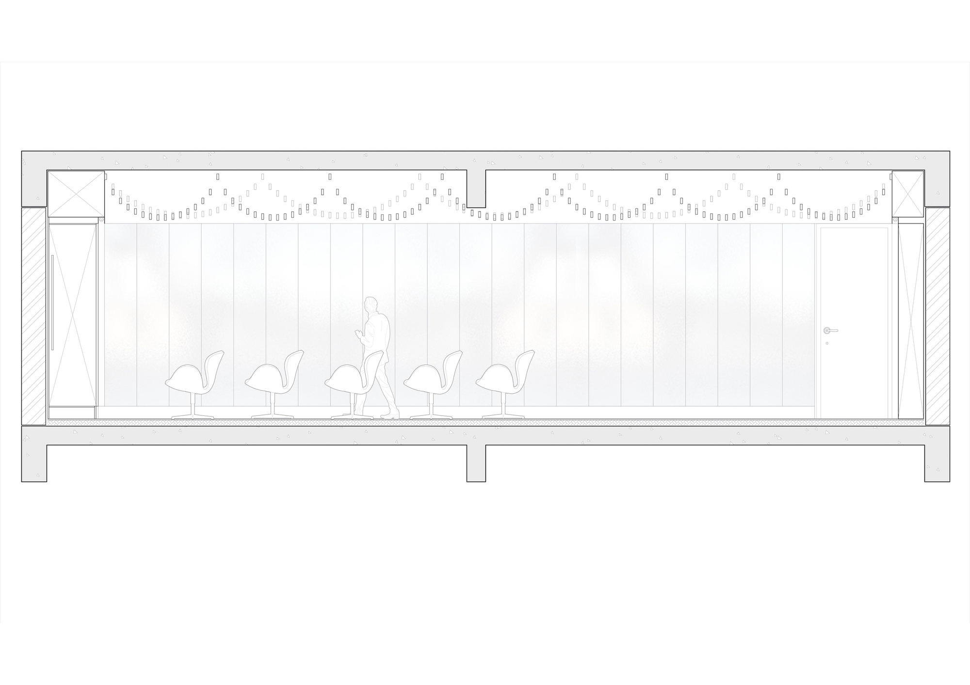 Section drawing of a long room with five swan-style chairs, a standing figure and a panelled wall beneath a patterned ceiling