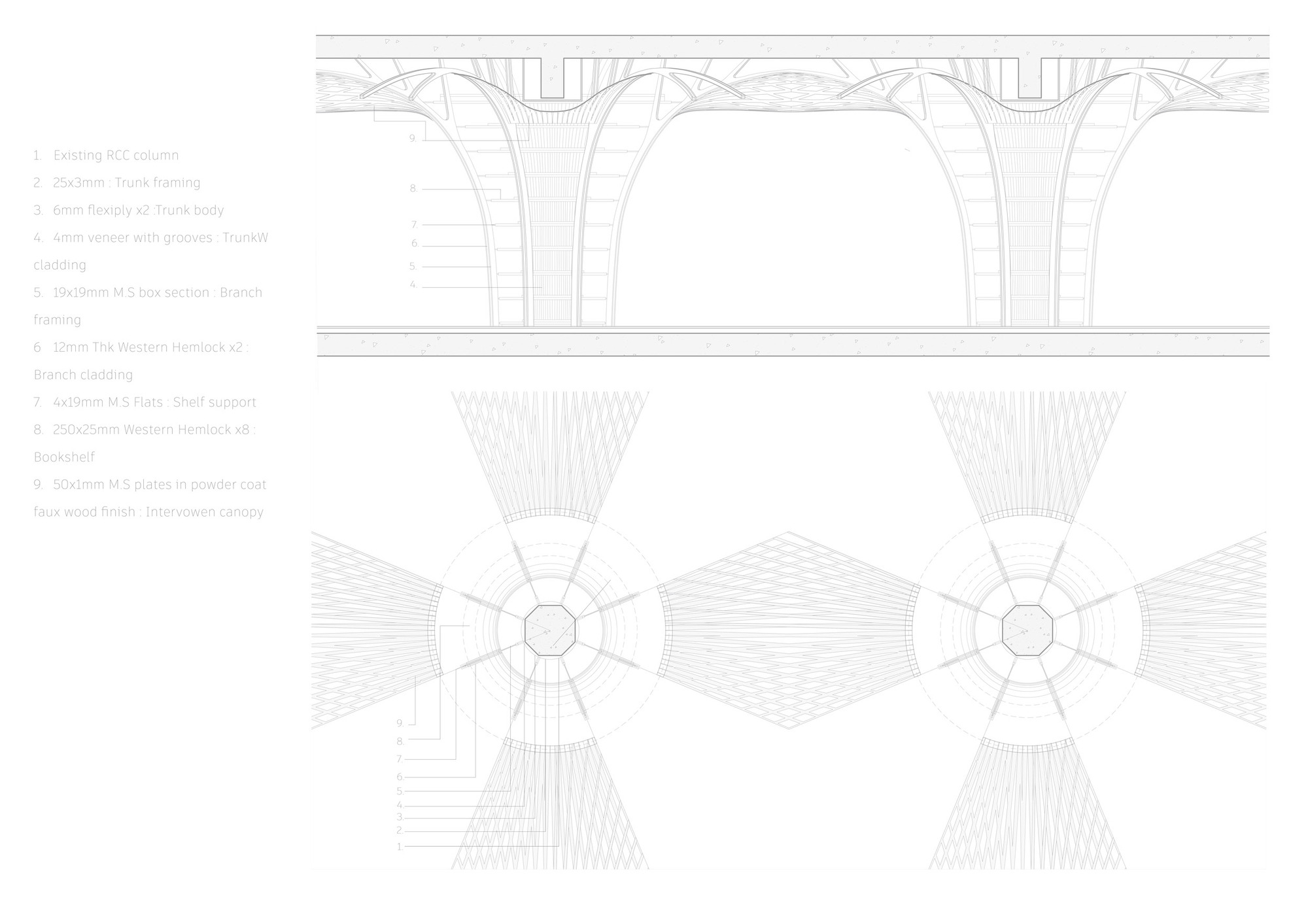 Section and plan drawing of two tree-shaped columns with branching canopies, paired with a numbered material legend