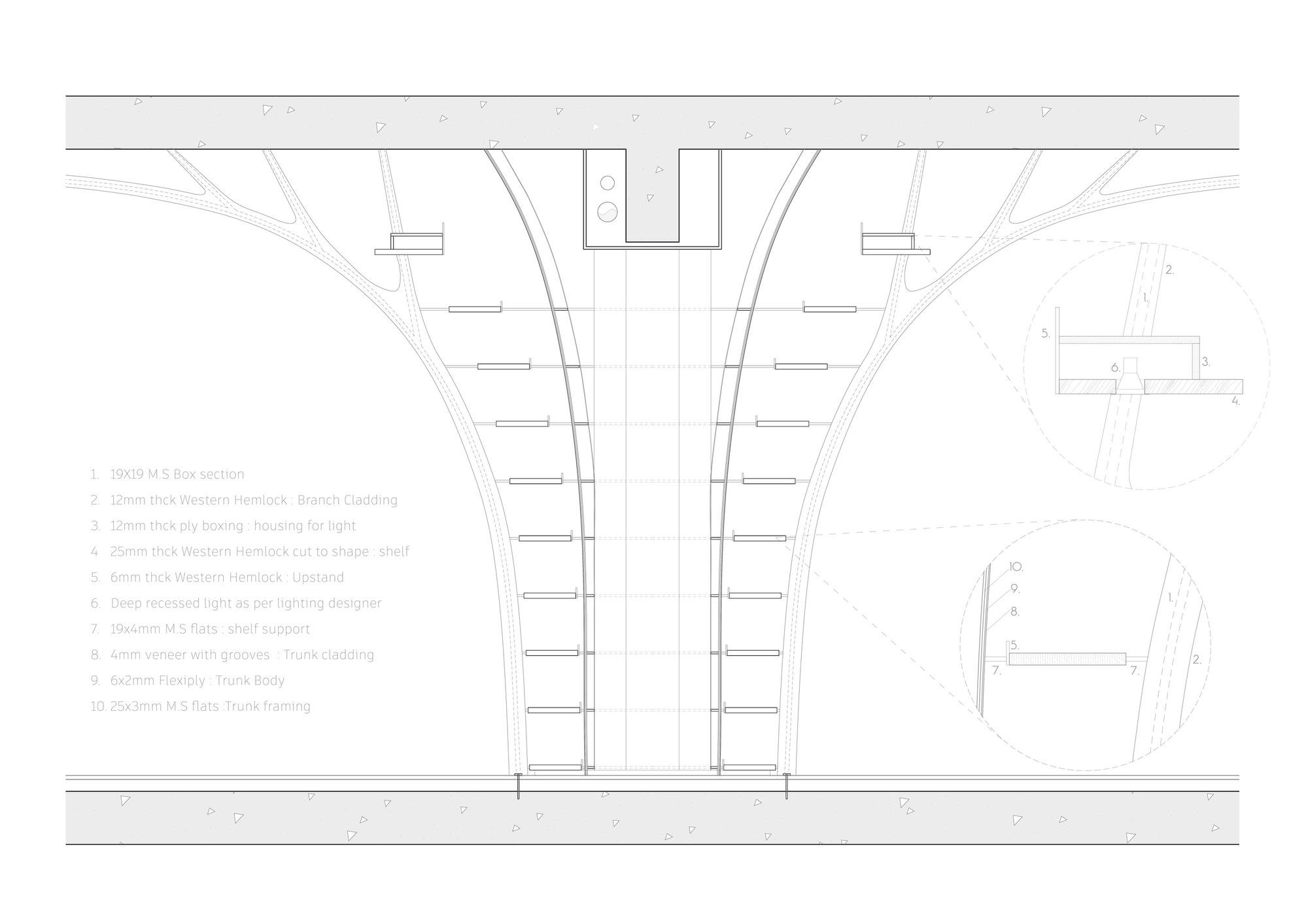 Detailed section drawing of one tree-like column with stacked shelves, branch cladding and two enlarged circular connection details