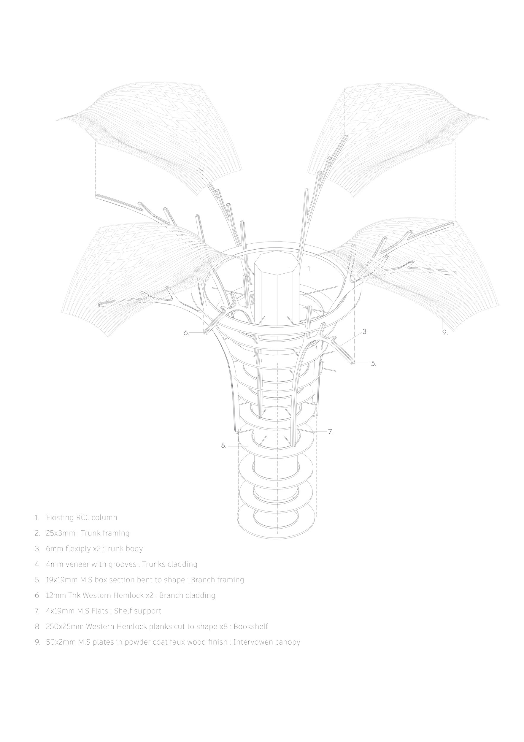 Exploded axonometric drawing of a tree-shaped column showing the trunk, ring shelves, branch framing and four floating canopy panels