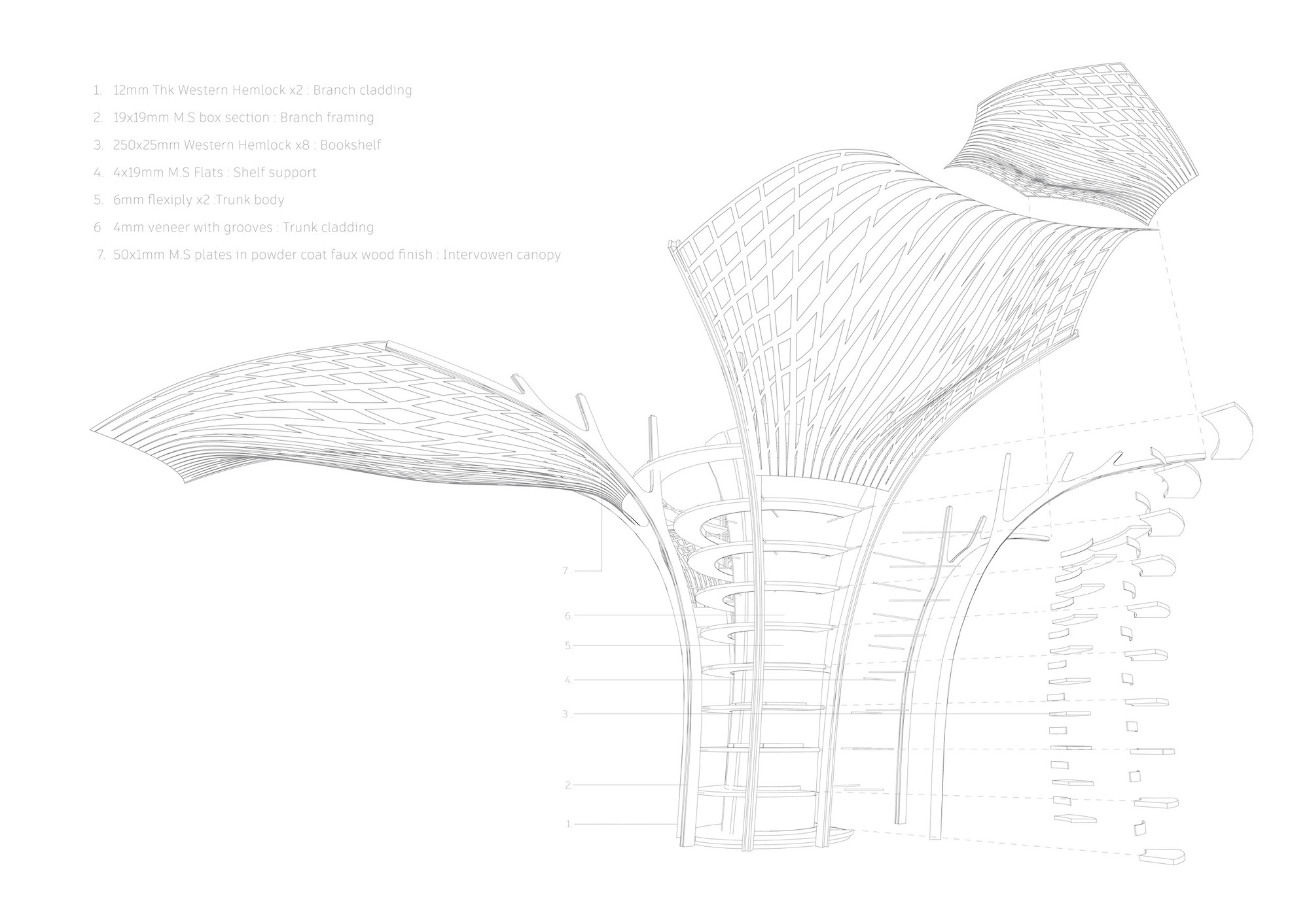 Exploded axonometric drawing of a trunk with spiral shelves, curved branches and lattice canopy panels pulled apart to show layers