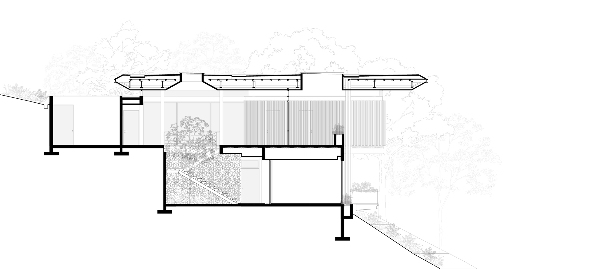 Longitudinal section drawing of a stepped house on a sloping site, with a segmented roof above and a stone wall at the lower level