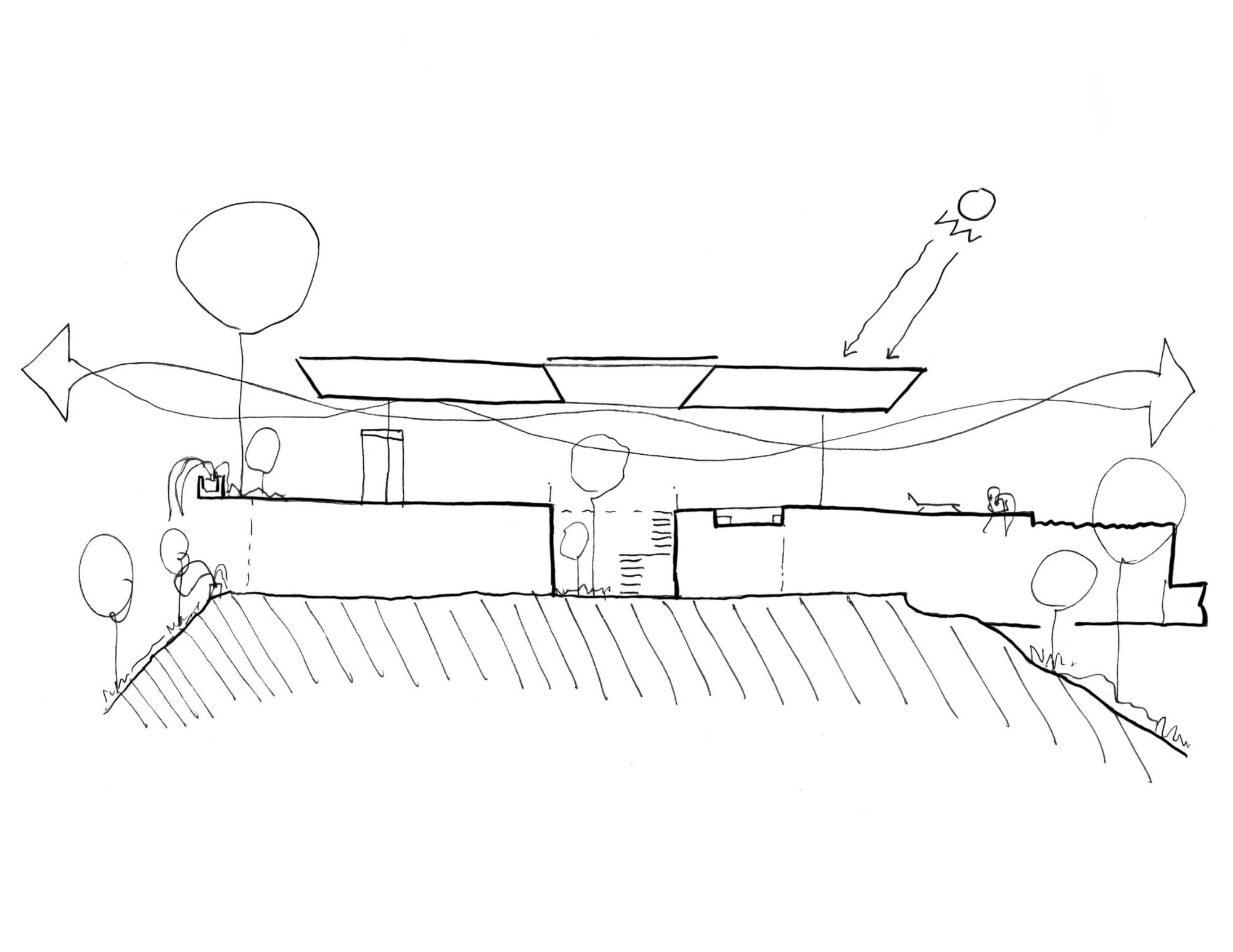 Hand-drawn concept sketch of a house on a hillside with a sun arrow, wind arrows and a hovering roof plane