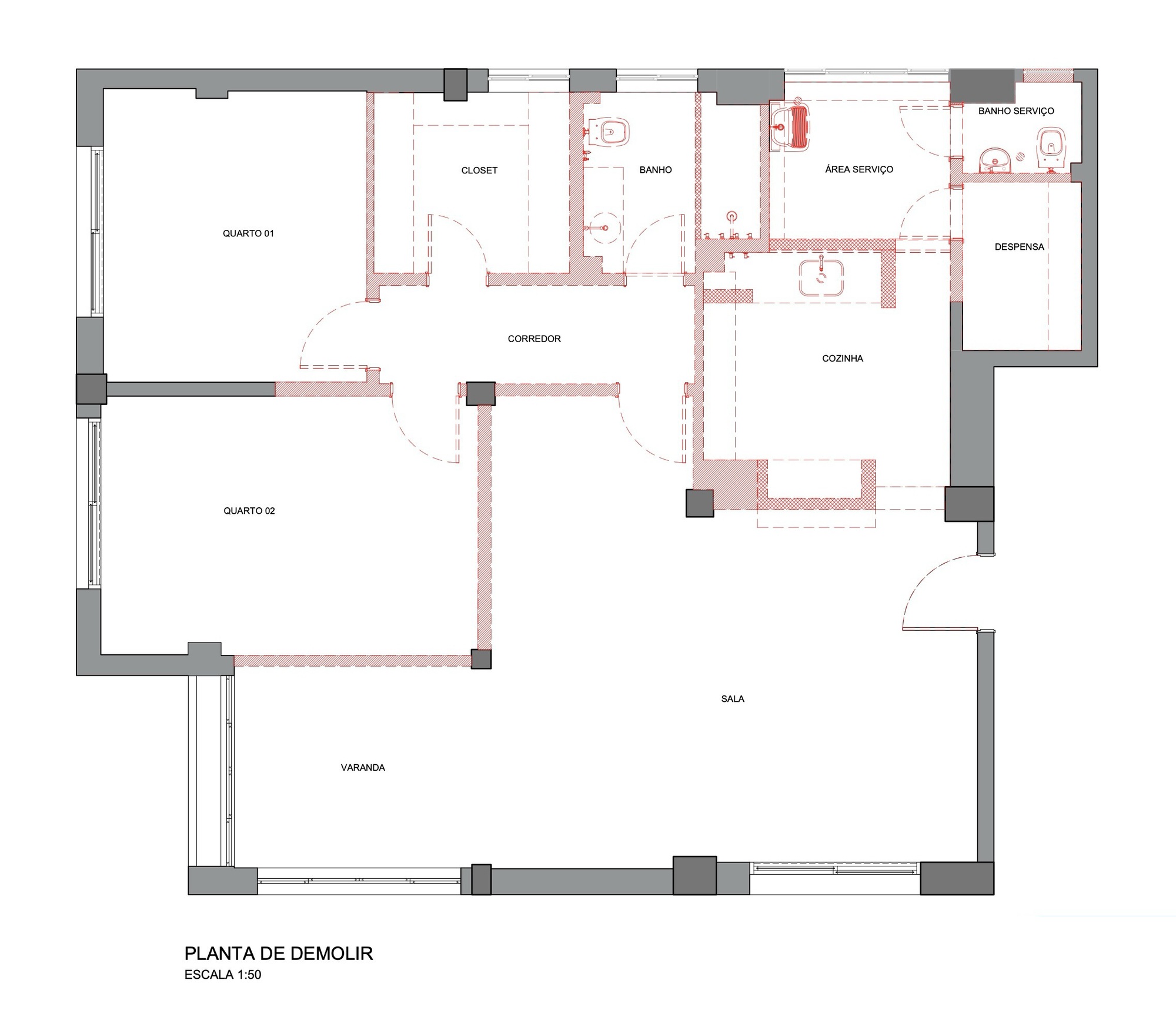 Demolition plan drawing at 1:50 showing existing bedrooms, corridor, kitchen, service area and living room with walls to be removed marked in red