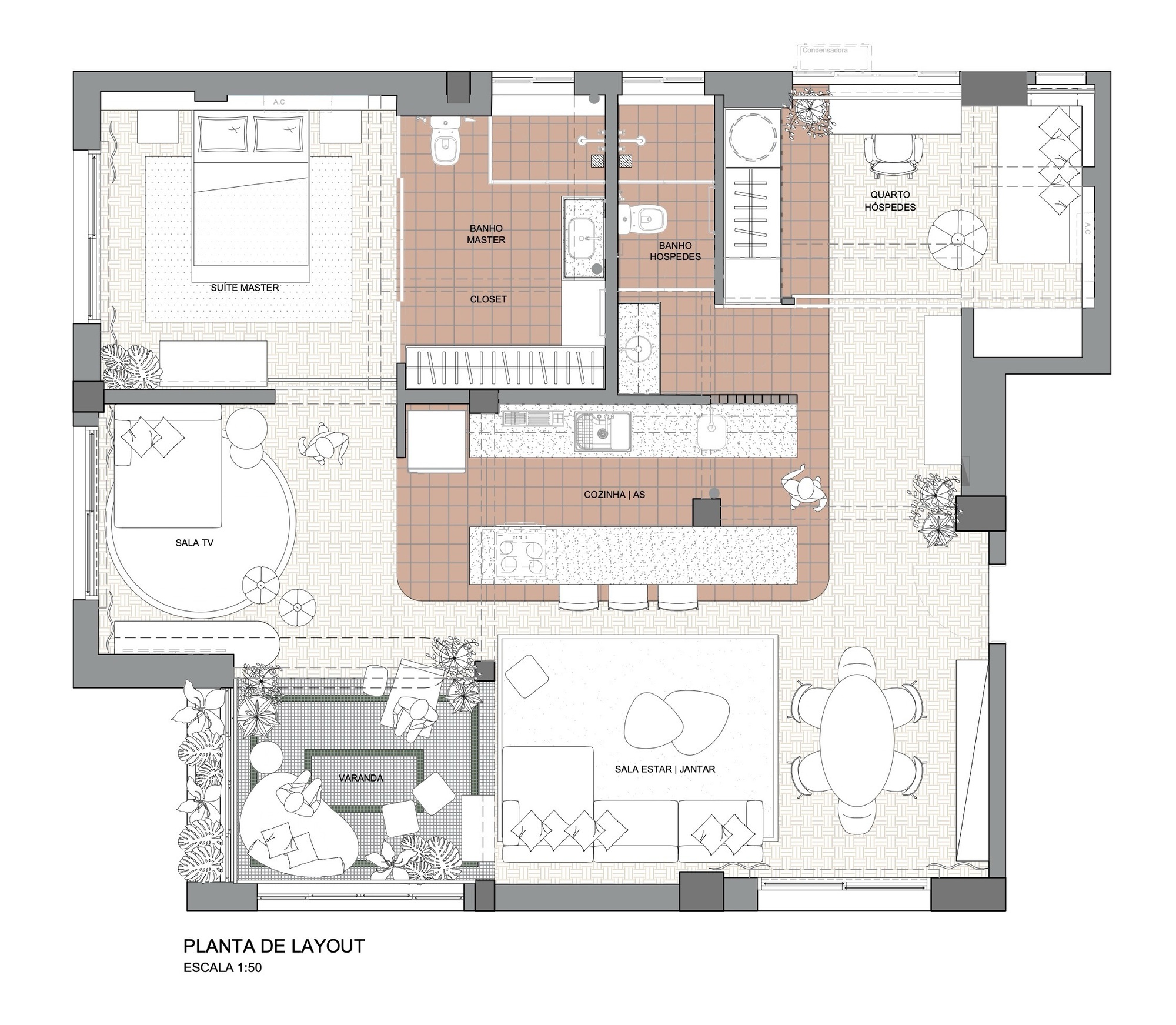Furniture layout plan drawing at 1:50 showing a master suite, TV room, central kitchen island, dining table, living area and a planted veranda